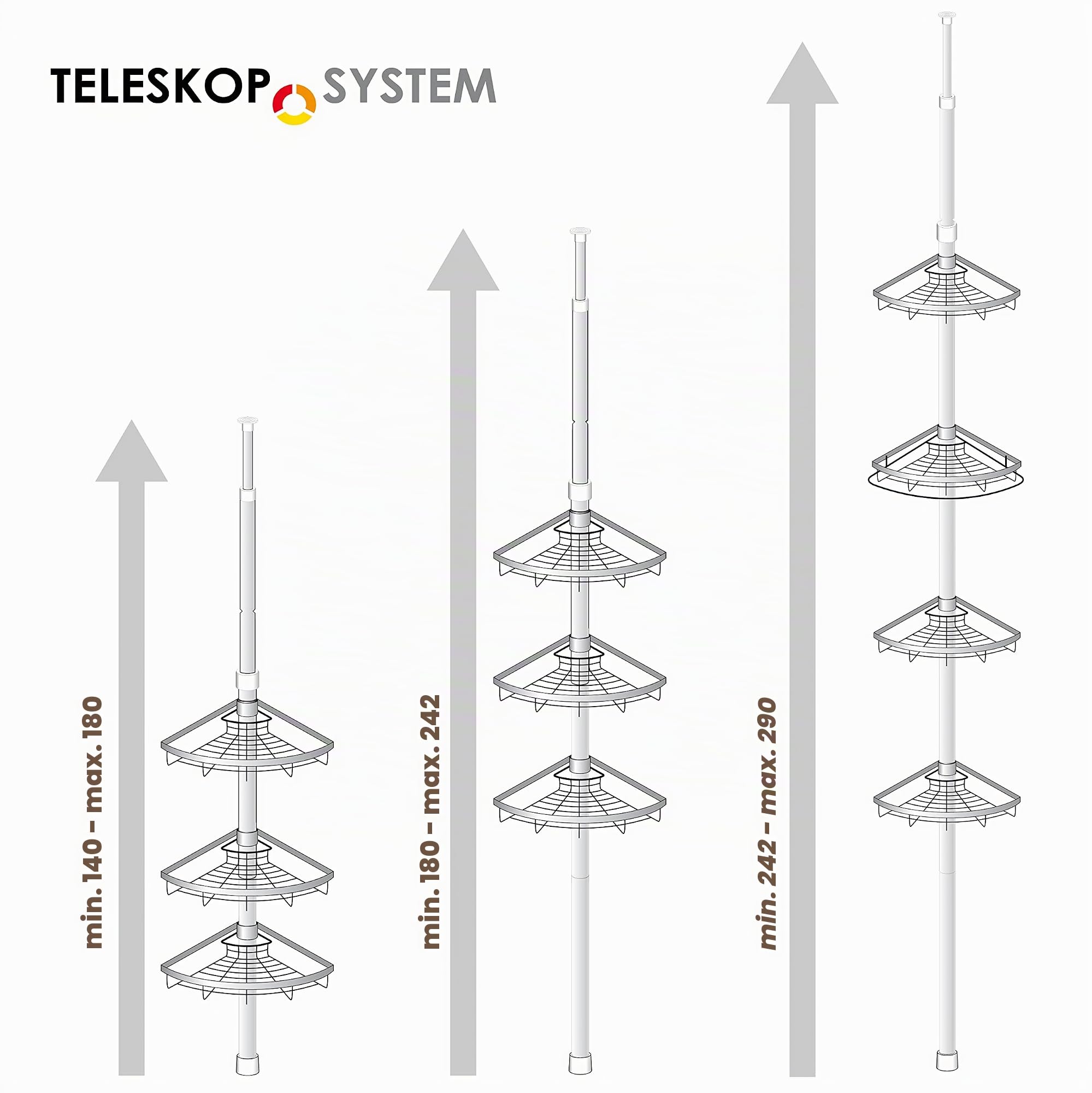 bremermann Teleskop-Eckregal, 4 Körbe, Teleskop-Stange bis max. ca. 290 cm (Weiß)