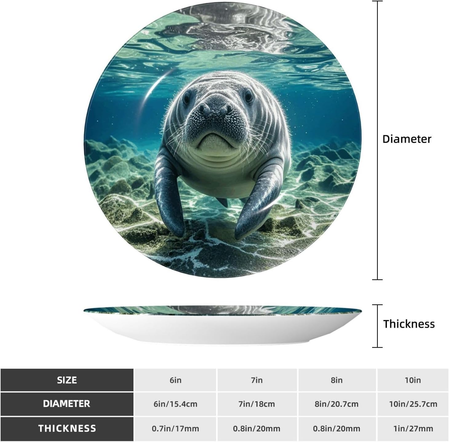 Bone China Decorative Plate with Display Ocean Animal Manatee Ceramic Plates Crafts Art Decor Dessert Plate Ceramic Ornament Porcelain Plates for Living Room Kitchen Table Home Decor