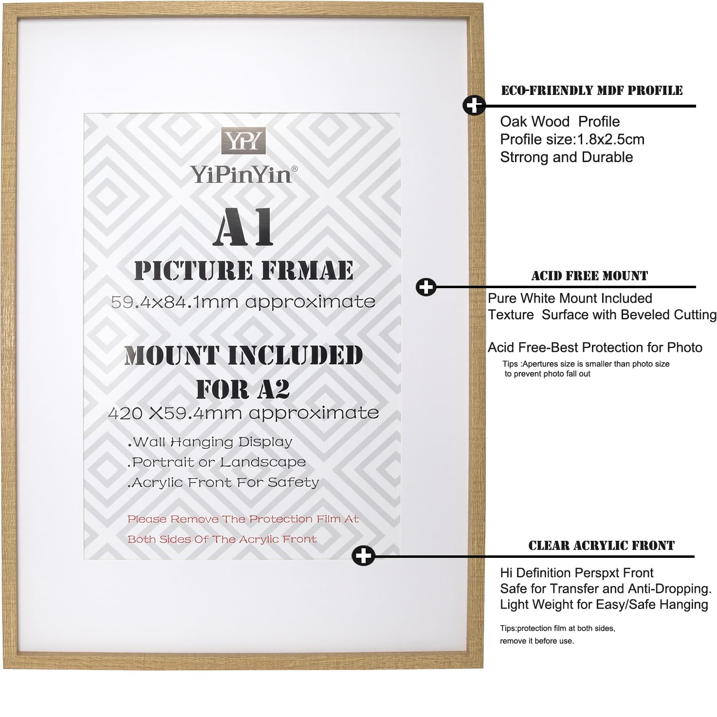 Lot de 3 cadres photo A1 (59,4 x 84,1 cm) avec passe-partout A2 (41 x 58,4 cm) sans acide, cadre effet bois avec passe-partout A2 pour accrocher au mur