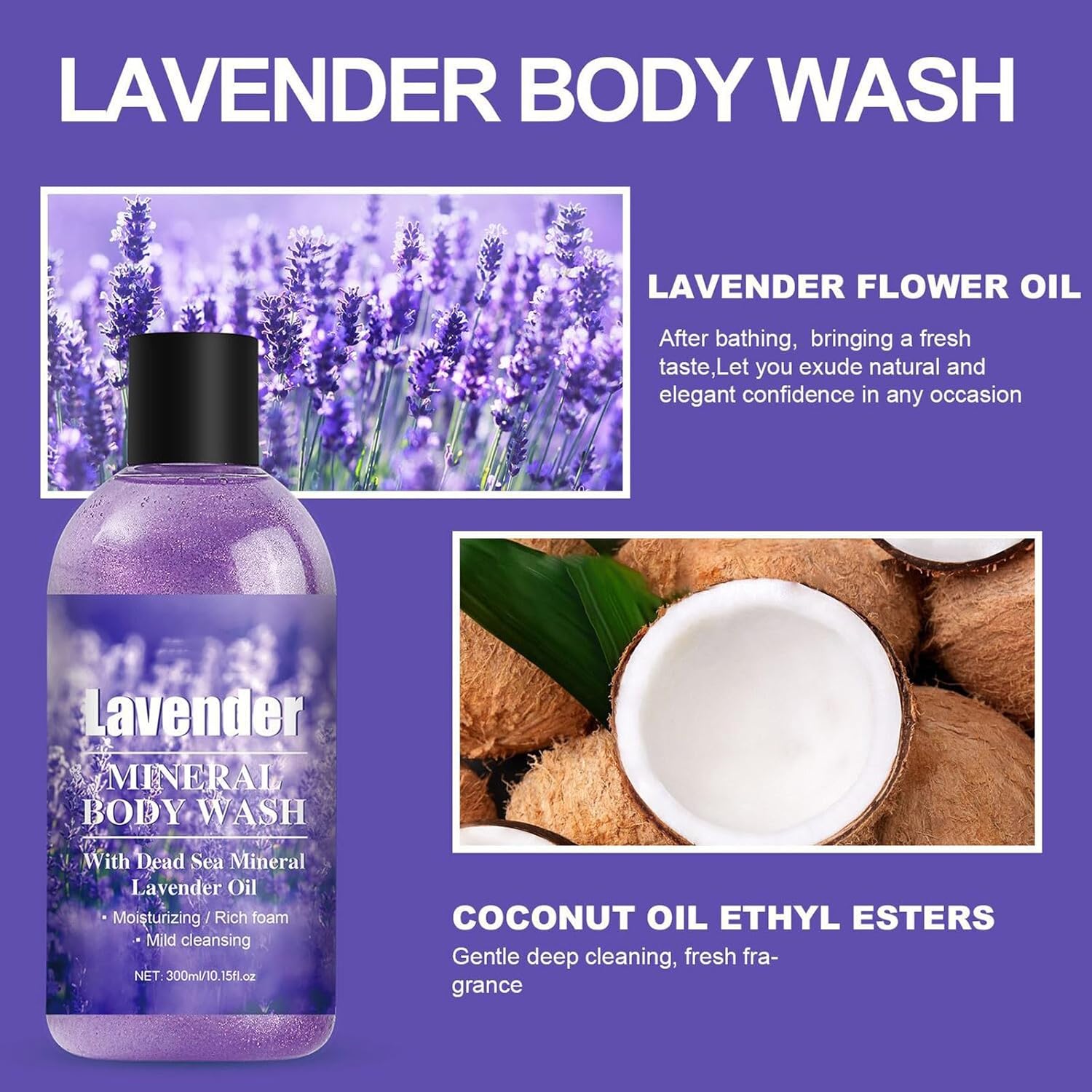 Lavender Body Wash, Hydrating Shower Gel with Lavender Oil Gentle Daily Cleansing & Nourishing Body Skincare, Soothing Exfoliating Body Soap for Dry & Sensitive Skin, All Skin Types - Image 3