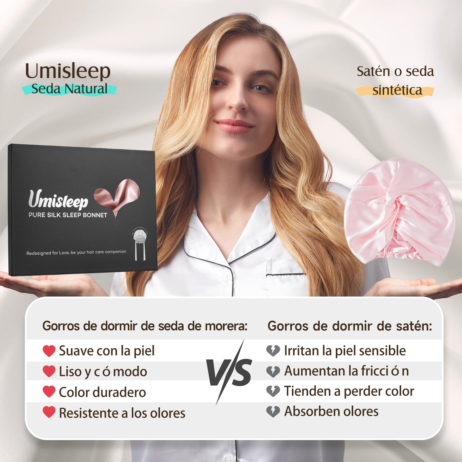 Umisleep Gorro de Seda de Morera de 22 mommes, 100% Seda de Morera, con Volantes, Doble Cara, Suave y Transpirable, Banda Ancha Ajustable para Cabello Rizado