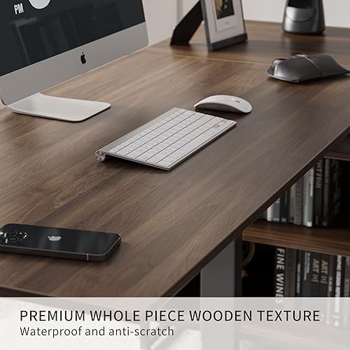 Vista 6 de FEZIBO Escritorio de pie en forma de L de 66 pulgadas con cajones y estantes, mesa ejecutiva de altura ajustable, parte superior de nogal