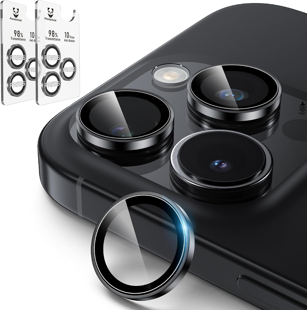 PandaShield for iPhone 16/15 Pro & Pro Max AR-Coated Camera Lens Protector | Anti-reflective 9H glass with 98% clarity, easy alignment, scratch resistance, original lens look, 2-Pack Black Titanium