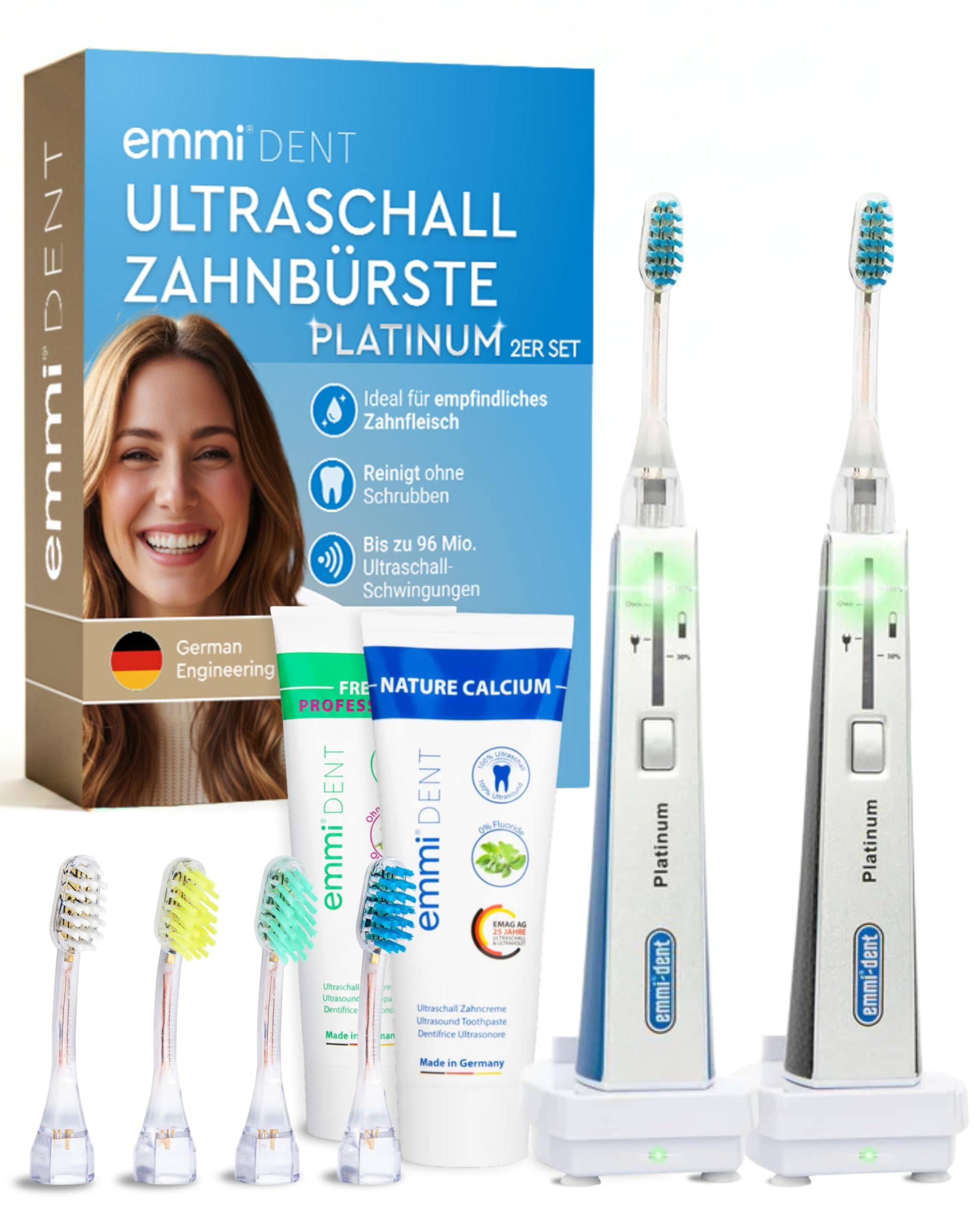 emmi-DENT Ultraschall Zahnbürste I Platinum Familien-Set in Blau I 2 Handteile inkl. Aufsätze, 2 Ladestationen & 2x Zahnpasta I Sanfte Plaque-Reduzierung ohne Bürstenbewegung