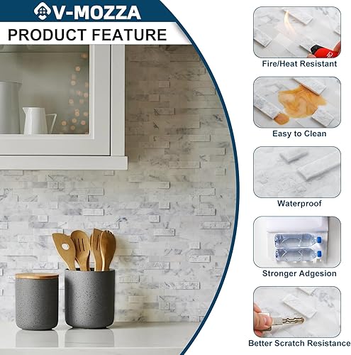 Miniatura 6 de V-MOZZA Azulejo de piedra para despegar y pegar, 5 hojas de mosaico de piedra para salpicaduras de 11.5 x 10.7 pulgadas, azulejos 3D con aspecto de