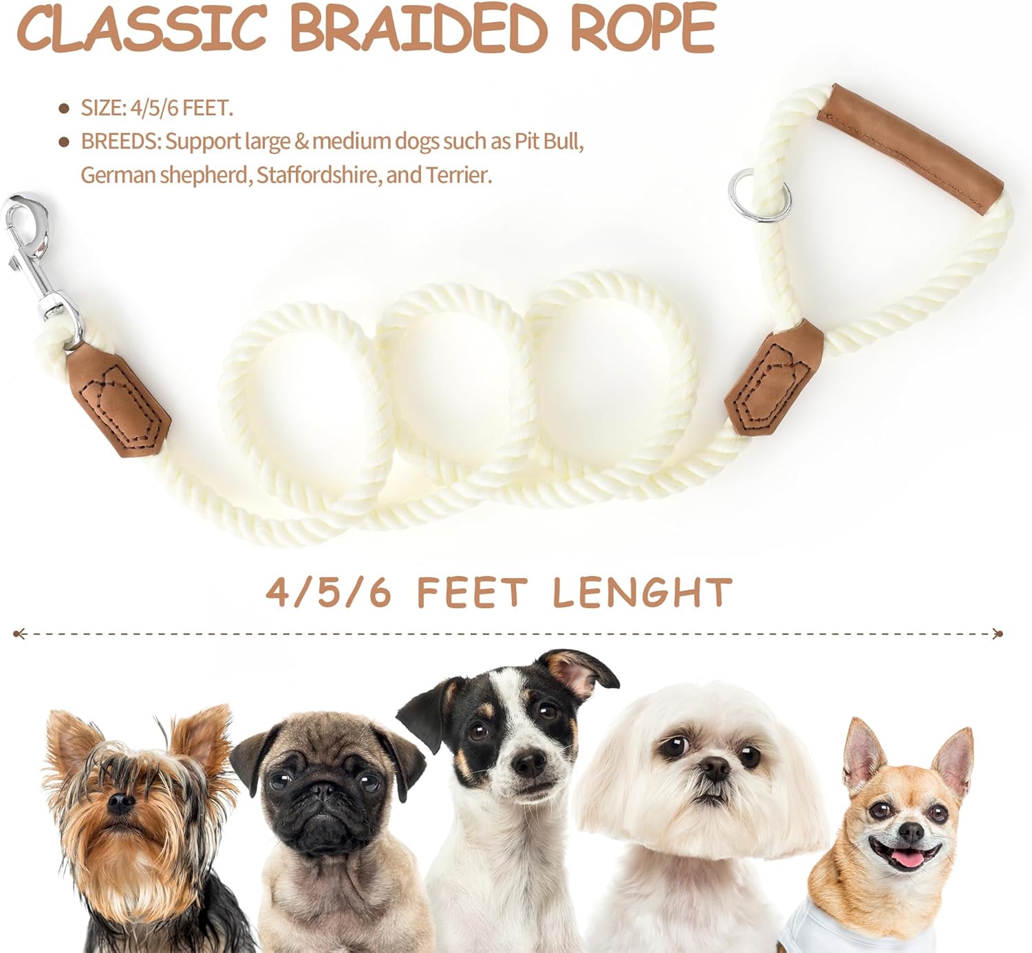 Mile High Life Dog Leash, Braided Cotton Rope Leashes with Leather Handle - Heavy Duty Metal Clasp, 5FT, 1/2" Thick - Wedding, Walking & Training Leash for Medium Large Dogs (White)