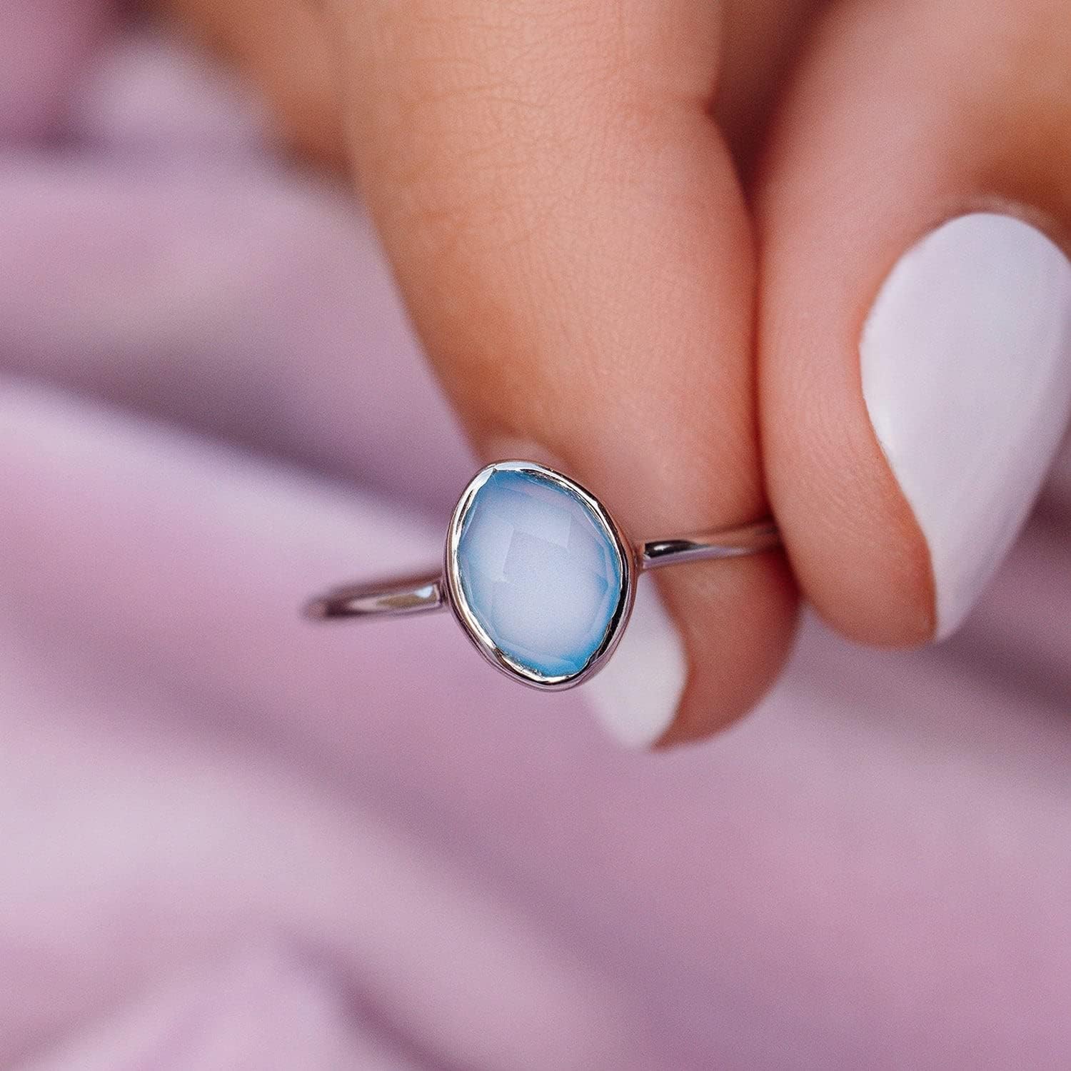 Pura Vida Organic Stone Ring - Handmade with Blue Chalcedony, Brass Base with Rhodium Plating - Women's Cute Boho Ring