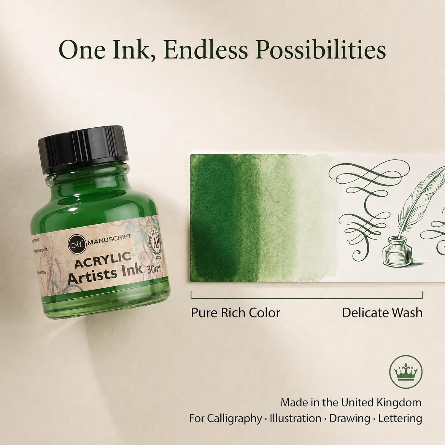 Manuscript Acrylic Artist Ink, Emerald Green, 30ml, Highly Pigmented