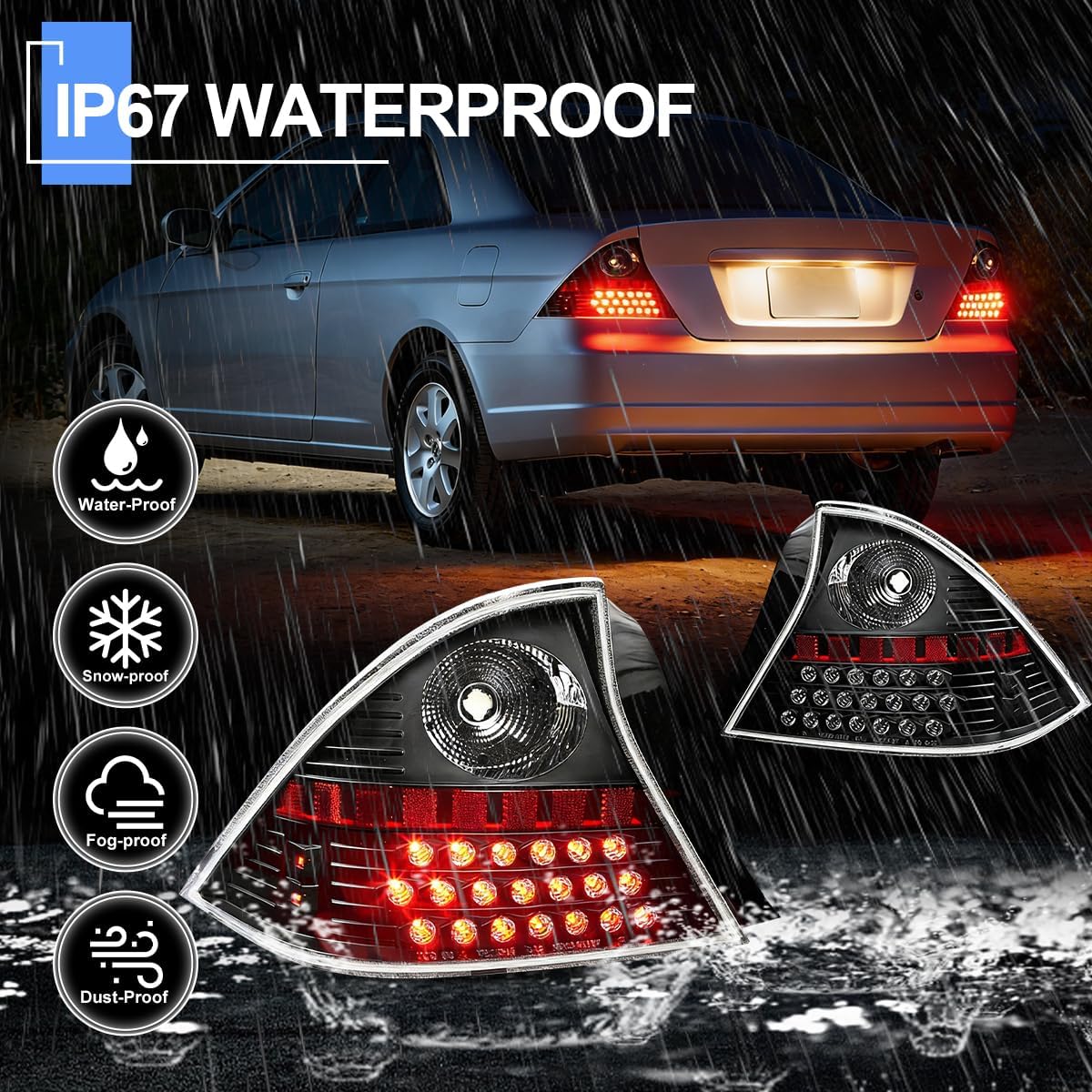 ROXX Tail Lights for 2001 2002 2003 Honda Civic 2 Door Coupe with Led Turn Signals Brake Lights Reversing Light One Pair Passenger and Driver Side(Black Housing/Clear Lens)