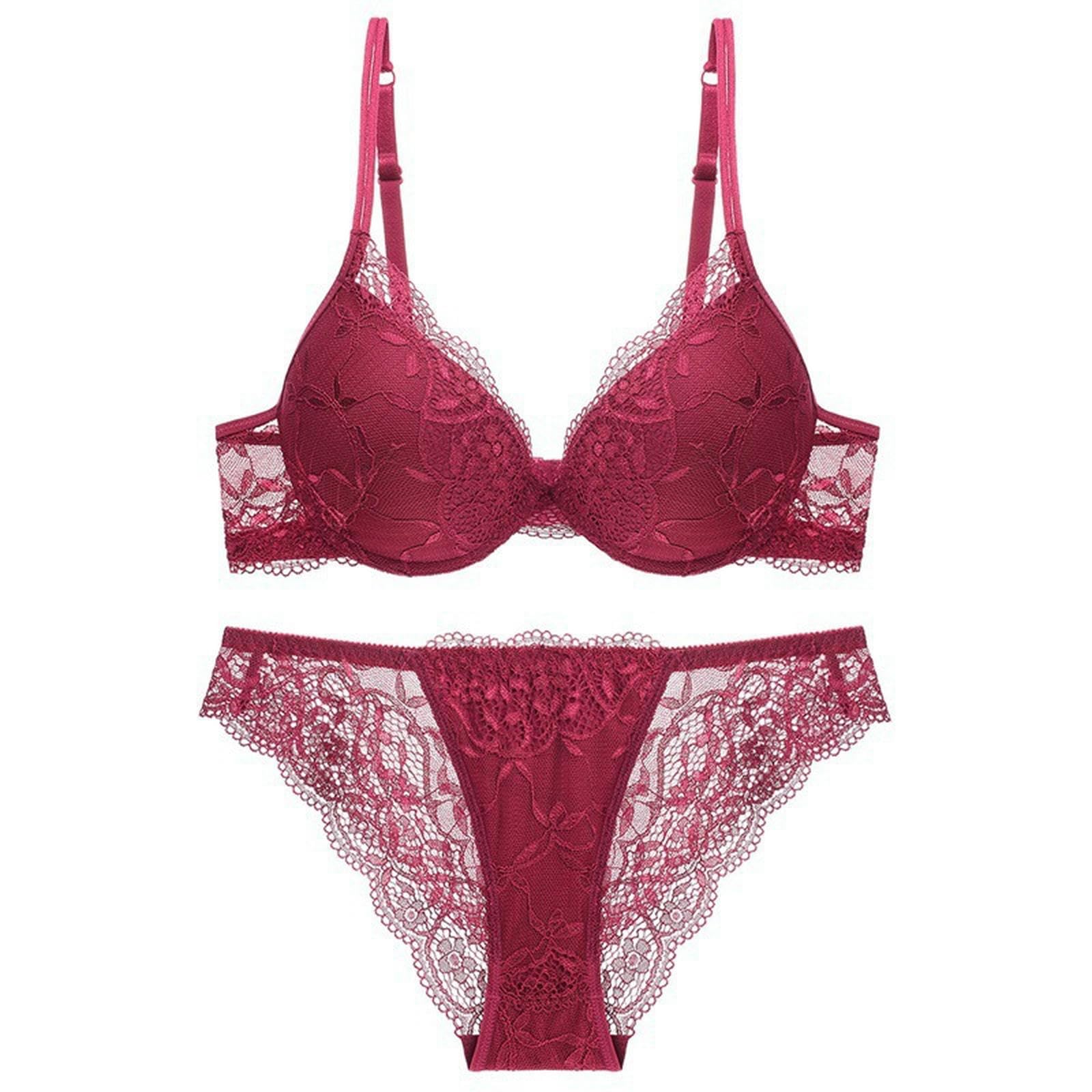 unterwäsche Frauen sexy Set Sexy Spitze Unterdraht Push Up Strumpfband Gürtel Dessous -Set Für Frauen, Die Bra Und Planty2 Stück-rotwein-80b