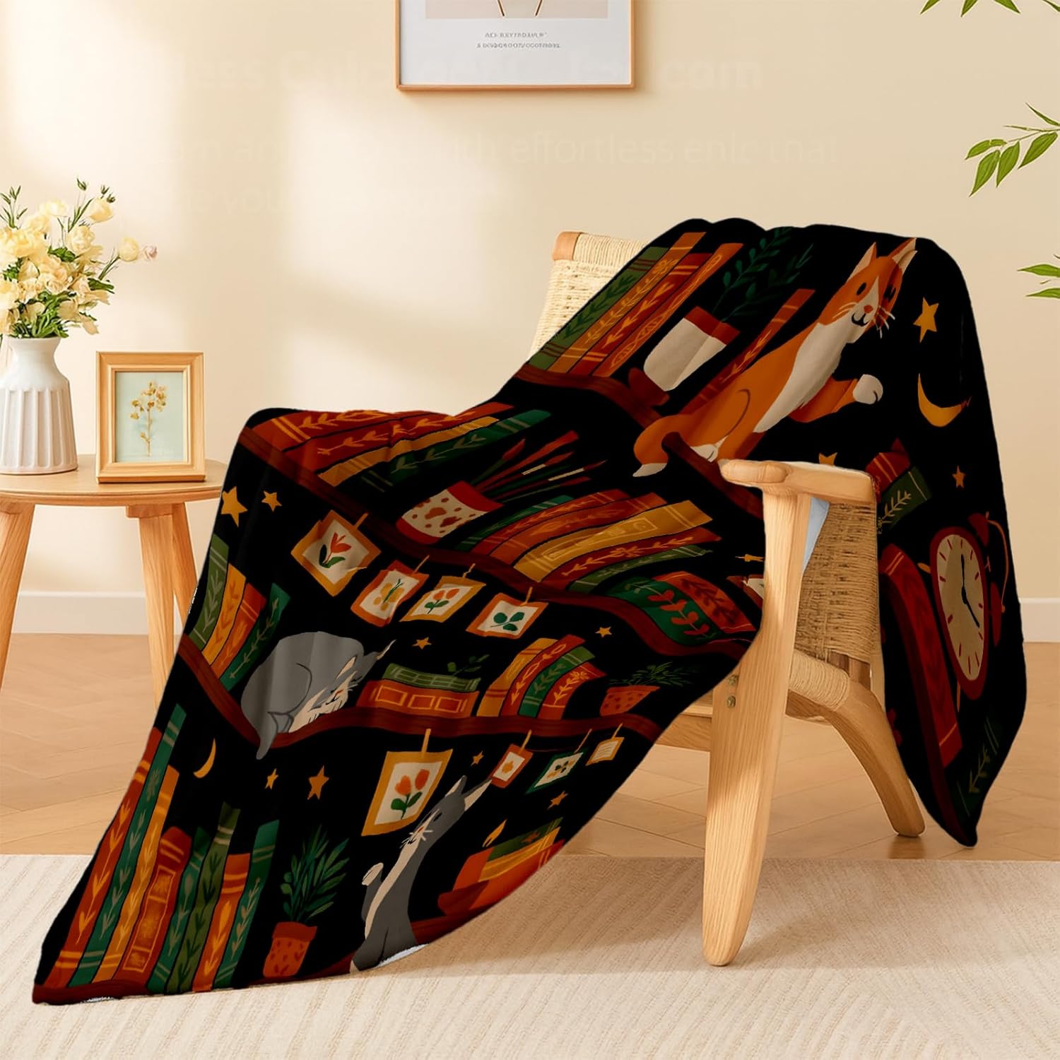 Cute Cat Bookshelf Blanket, Lightweight Cozy Sleeping Kittens, Plants, Books, and Stars Throw Blanket Gifts for Women Girls Kids, 60×80 Inch Soft Warm Flannel Throws for Bed Decor Travel Couch