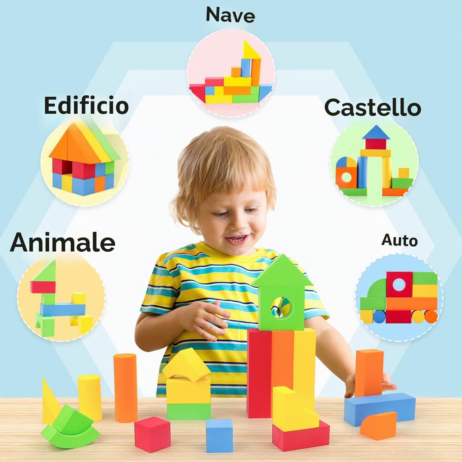 deAO Blocchi di Gioco di Costruzione in Schiuma Multicolori 131 Pz 3+ Anni | Schiuma Morbida, Riconoscimento Colori e Forme, Stimolazione Visiva, Gioco Creativo di Costruzione, Sicuro per Bambini