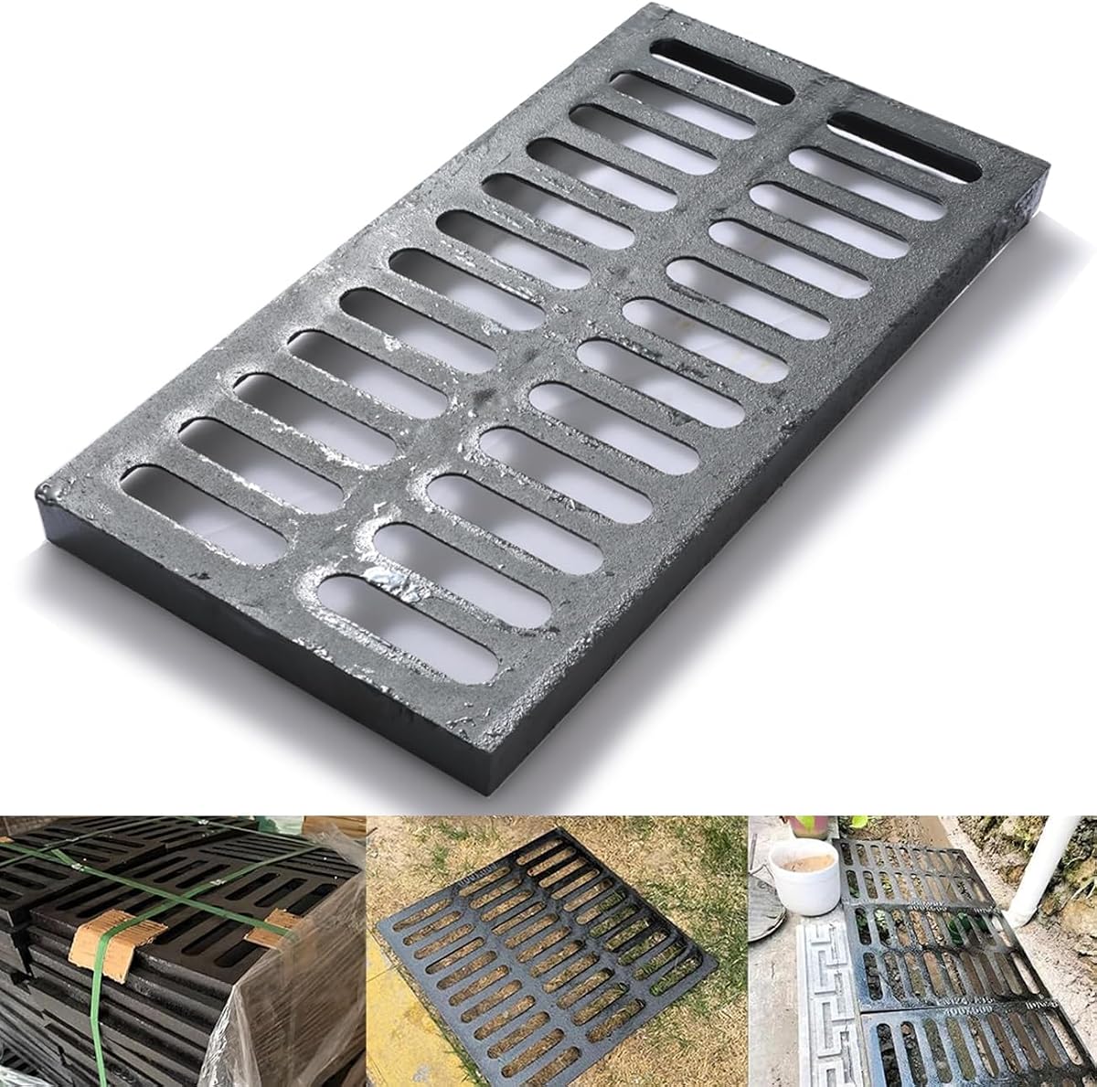 Cast Iron Drain Grate, 19.6 * 10 in B125 Class Outdoor Drain Cover | Ductile Iron Channel Drainage Grates, Heavy Duty Sewer Grate, Black Rectangle Drain Grate for Yard, Driveway, Concrete Floor.