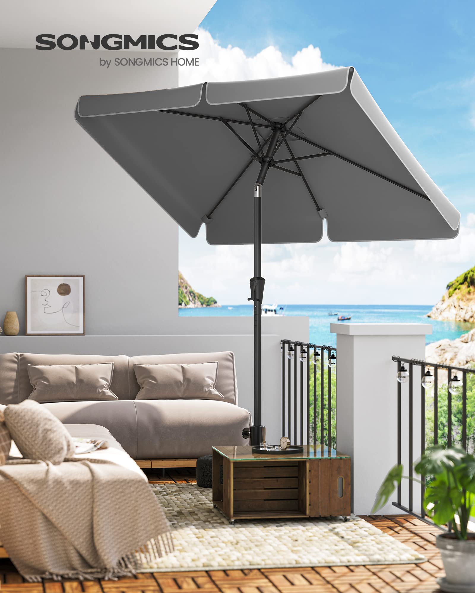 SONGMICS Sonnenschirm 200 x 150 cm, rechteckiger Balkonschirm, Sonnenschutz UPF 50+, beidseitig um 30° knickbar, für Garten, Terrasse, ohne Ständer, grau GPU048G01
