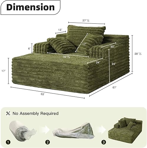 Miniatura 2 de Sofá tumbona extragrande de 67 pulgadas para interiores, sofá verde sin montaje, moderno sofá cama de pana con 3 almohadas suaves, sofá cama sin