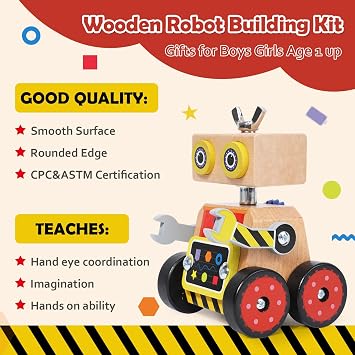 Robot Building Toy, Wooden Little Robot Assembly Kit for Kids 4-8 Years, STEM Educational Woodworking Crafts Projects for Kids, Gift for Boys and Girls 4 5 6 7 8 Years Old
