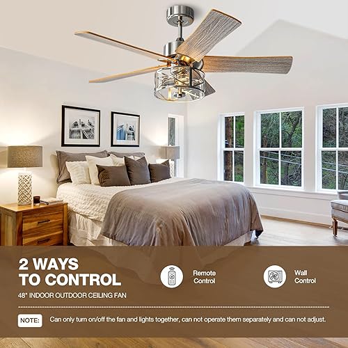 Miniatura 3 de Ventilador de techo rústico con luces, luces de techo vintage de 48 pulgadas con control remoto, cubierta de vidrio, 5 cuchillas de madera