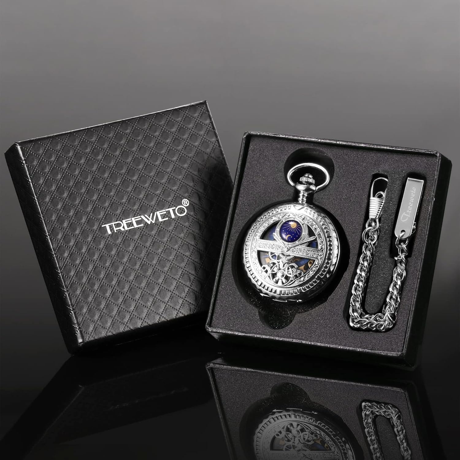 TREEWETO Men's Mechanical Roman Numerals Dial Sun and Moon Skeleton Pocket Watches with Box and Chains for Mens Women Black Bronze Gold Silver
