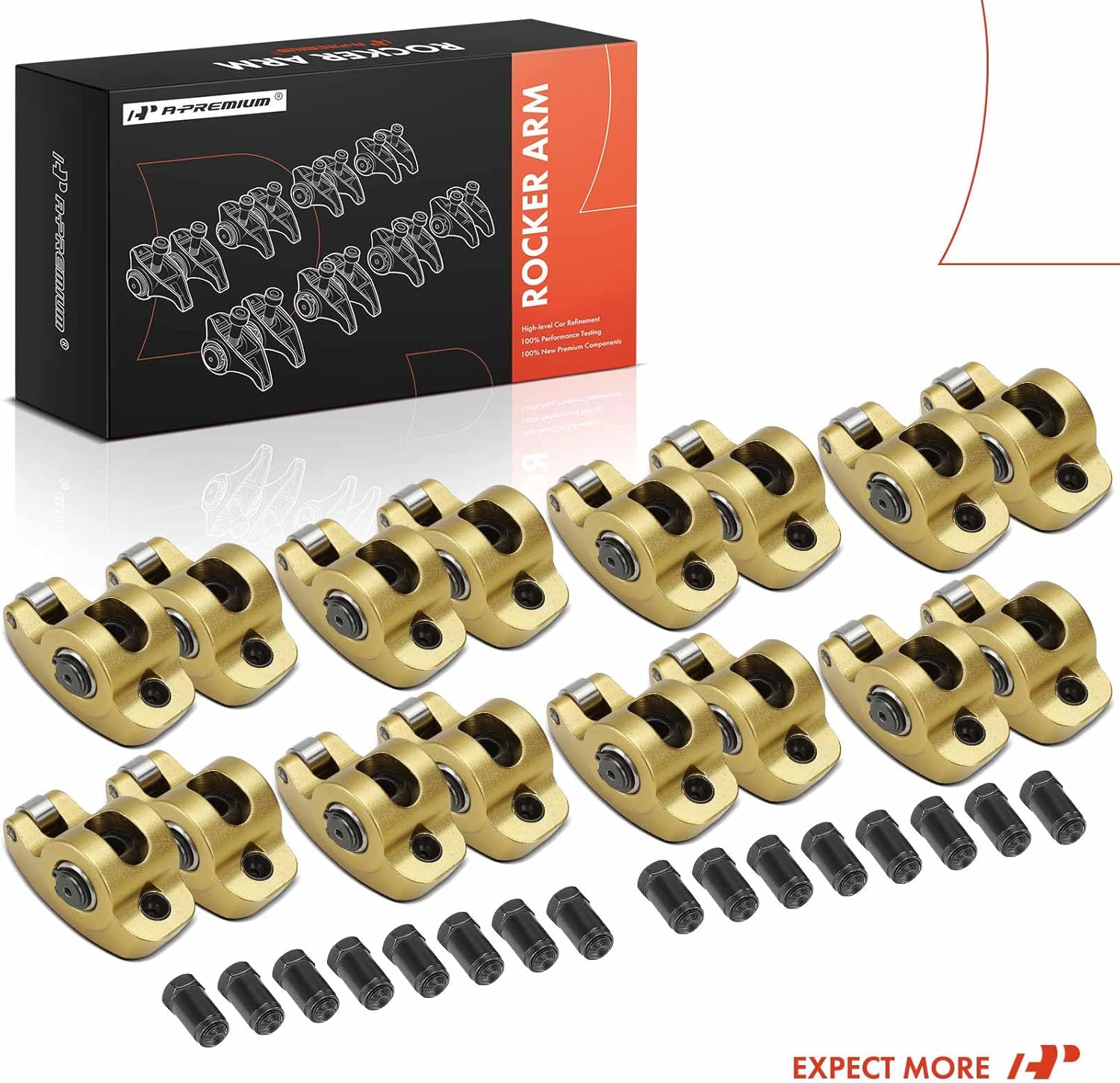 A-Premium 16Pcs Aluminum Engine Roller Rocker Arms Kit with Needle Bearings Compatible with Chevy SBC(Small Block) 350, 1.6 Ratio