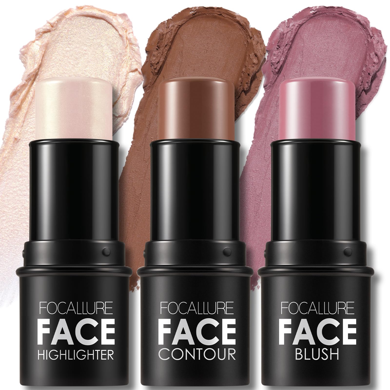 FOCALLURE 3 Pcs Cream Contour Sticks,Shades with Highlighter & Bronzer & Blush,Non-greasy and Water-resistant Face Contouring Pen,Easy to Sculpt the Face and Create a Lightweight Finishing