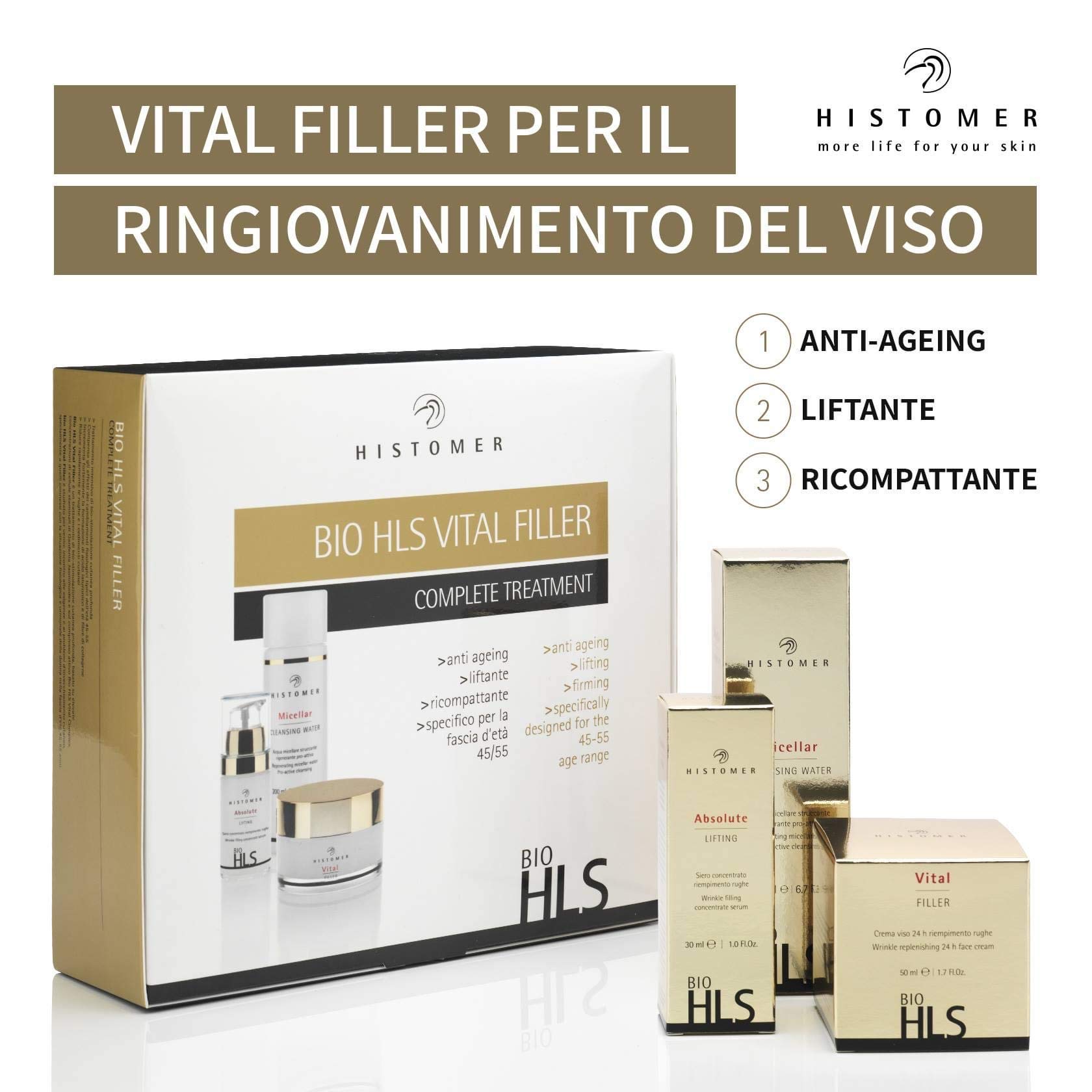 Histomer Kit Trattamento Lifting Viso Anti-Età Bio HLS Vital Filler | Pelli Mature 45-55 Anni, con Crema Viso 24h, Siero Lifting e Acqua Micellare Struccante Viso e Occhi