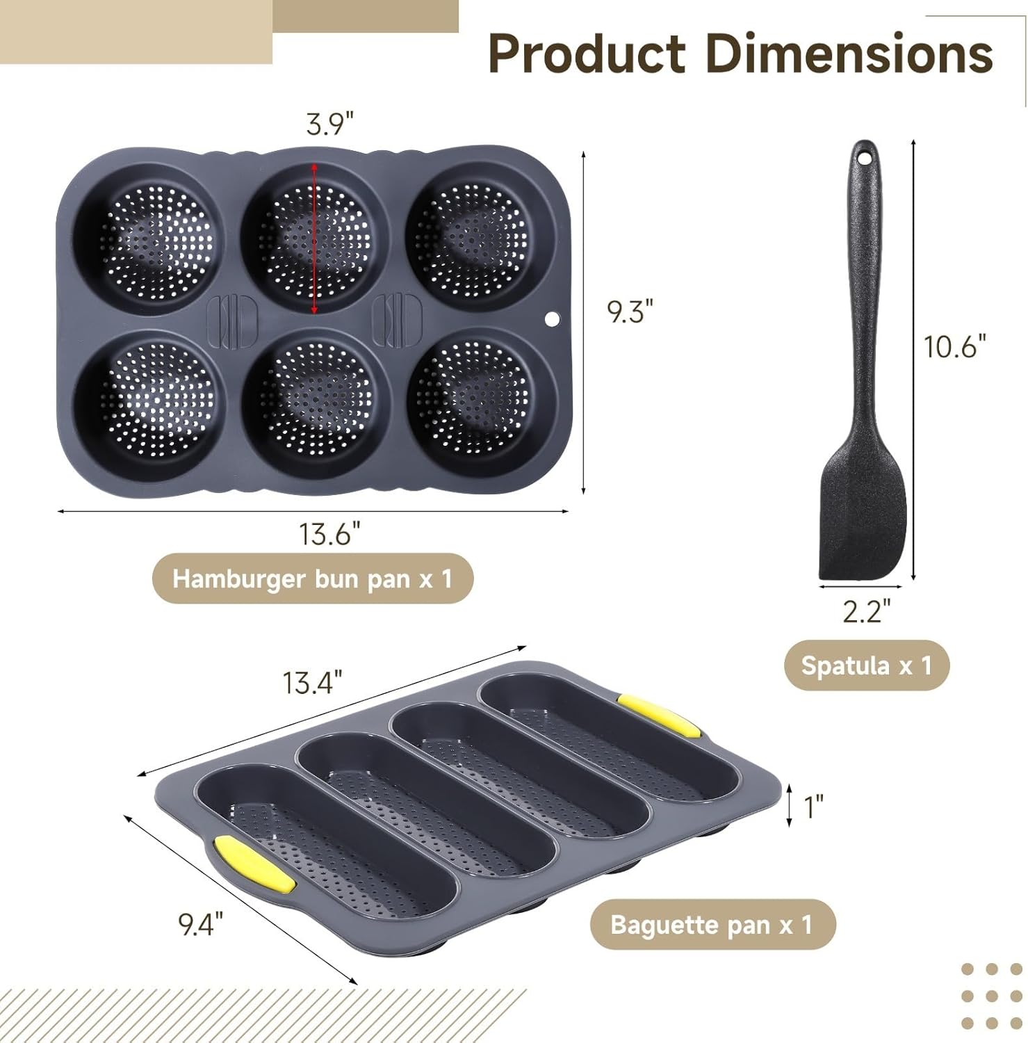 with Scraper, 3 Pcs Silicone Hamburger Bun and Pan Set, 6 Cup Hamburger Bun Mold Baking Tray, Bread Pans for Sandwich Homemade Bread Loaf