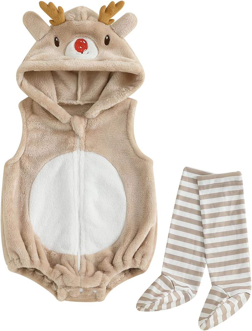 My First Christmas Baby Boy Girl Outfit Velvet Costume Hooded Zip Up Sleeveless Tank Romper Bodysuit with Socks