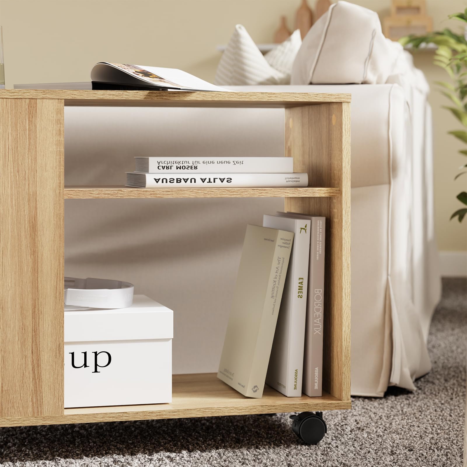 SoBuy Tavolino con rotelle, Tavolino rotante a 2 livelli con ripiani, Libreria mobile per soggiorno, camera, ufficio, L70 x P35 x H60cm Naturale FBT34-N