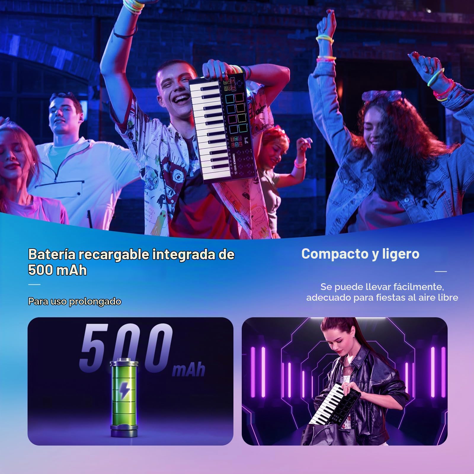TERENCE Teclado MIDI 25 Teclas Profesional Controlador MIDI Keyboard 500mAh 8 Pads RGB Perilla Infinita de 360° 8 Perillas Asignables Pantalla OLED Compatible con Múltiples DAWs y Dispositivos