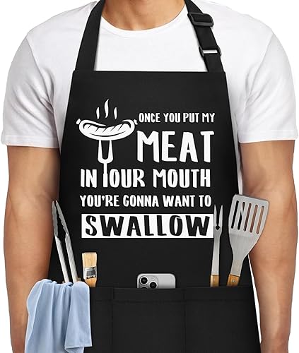 Miniatura 8 de NLUS Divertido delantal de cocina para hombres y mujeres, regalo del día del padre, barbacoa, cocina, parrilla, delantal de chef con 3 bolsillos,