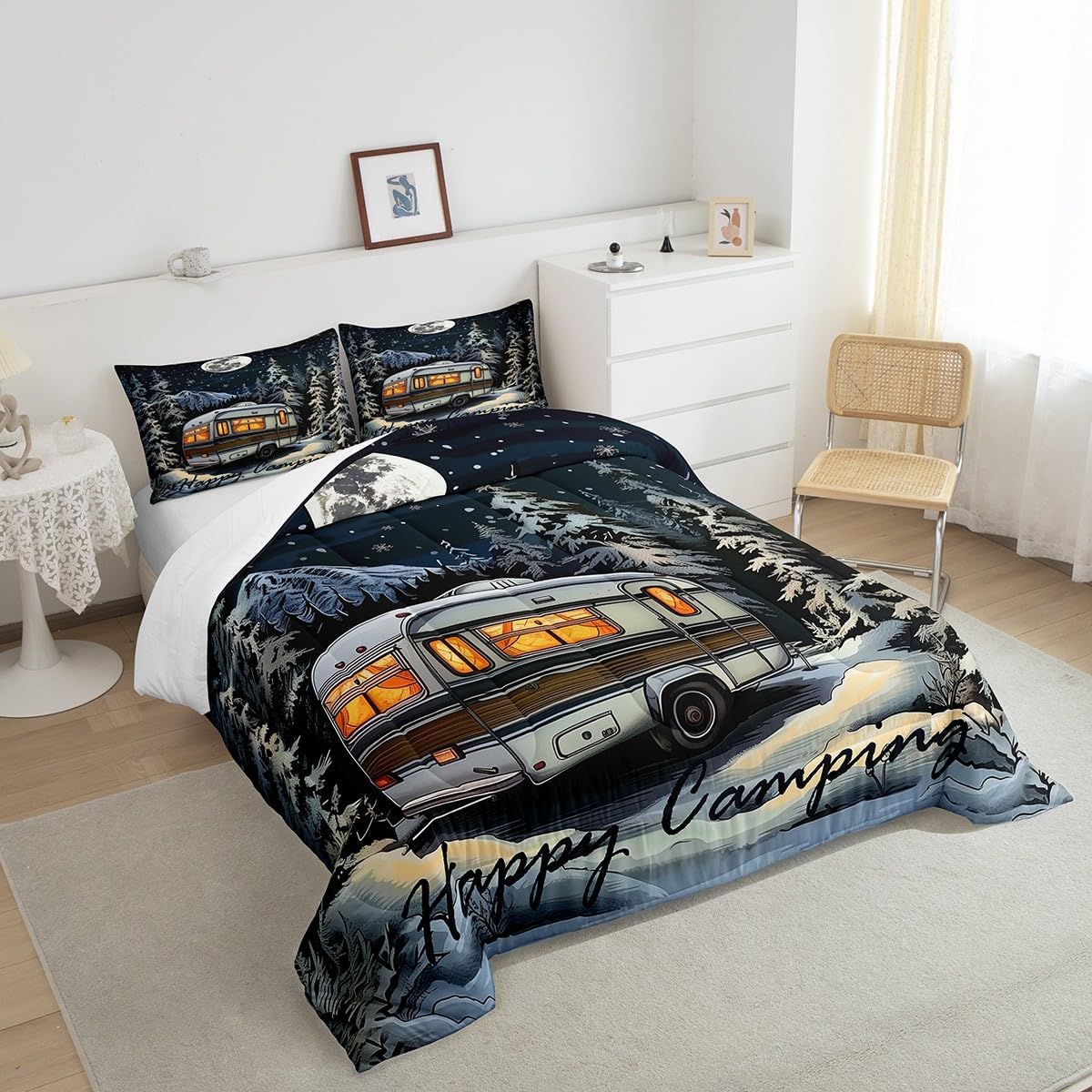 Manfei Happy Camping Twin Size Comforter Set for All Seasons,Camper Trailer Tourism Adventure Bedding Set for Bedroom,Starry Moon Night Glitter Jungle Pine Trees Comforter Inner Fill with 1 Pillow