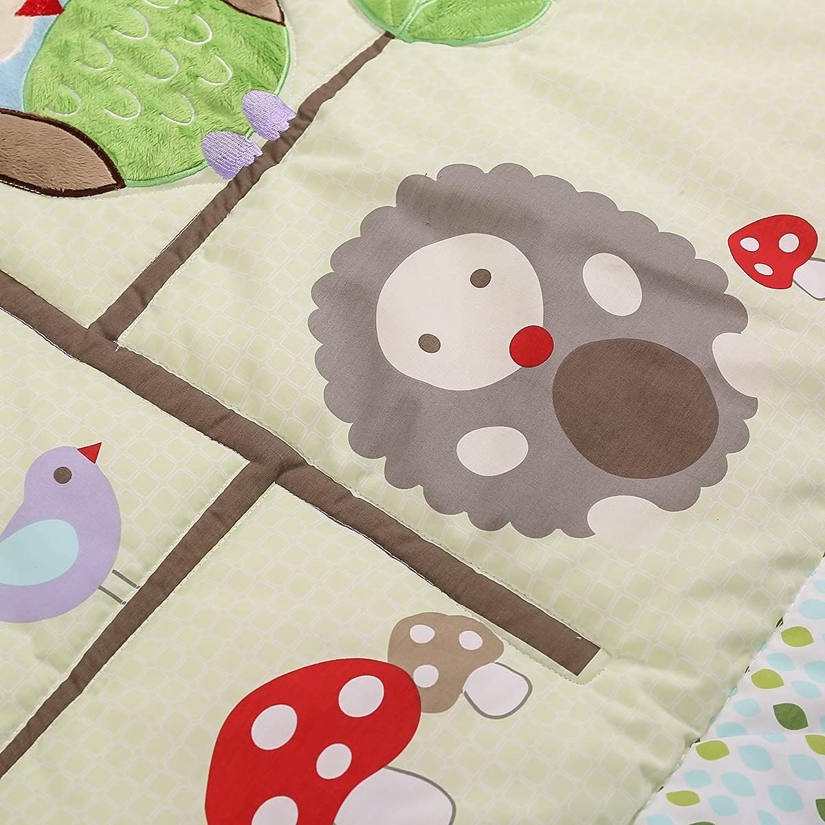 3 PCs Green Owl Theme Nursery Crib Bedding Set Quilt Fitted Sheet Skirt Embroidery Owl Squirrel Baby Girl Boy Cot Bedding Set