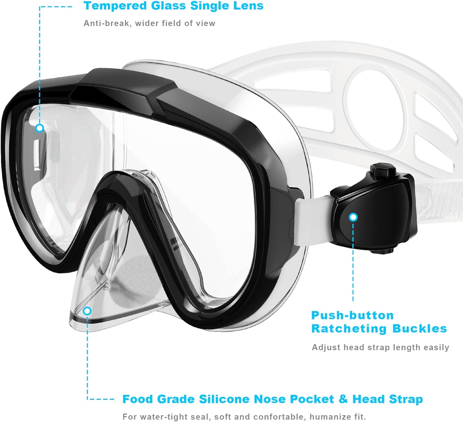 Snorkeling Gear for Adults, Dry Top Snorkel Set with Panoramic Anti-Leak and Anti-Fog Tempered Glass Lens, Adjustable Snorkeling Set for Scuba Diving Swimming Training Snorkel Kit - Image 4
