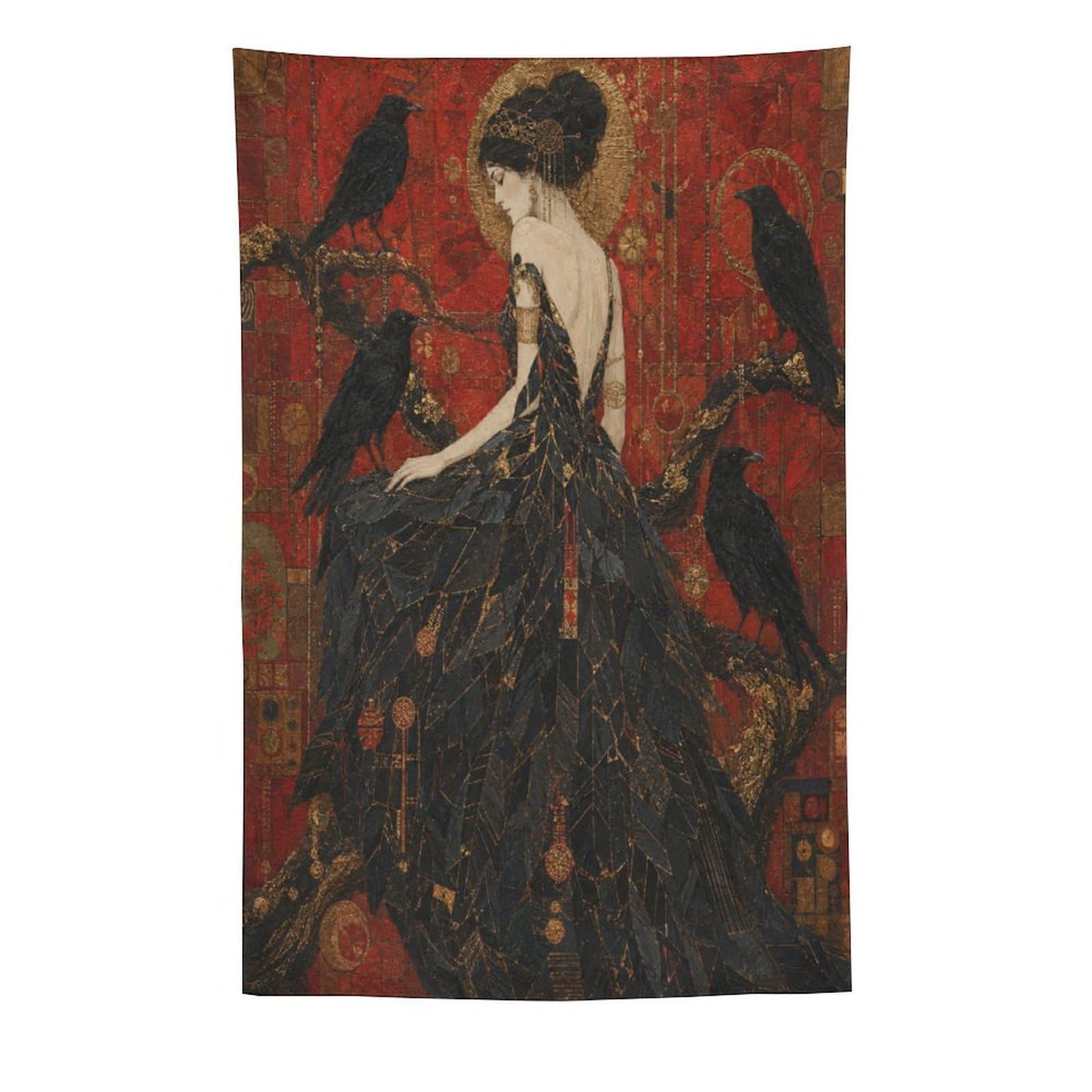 H3B8U2Y5 Raven Woman on Branch Wall Tapestry, Fantasy Illustration