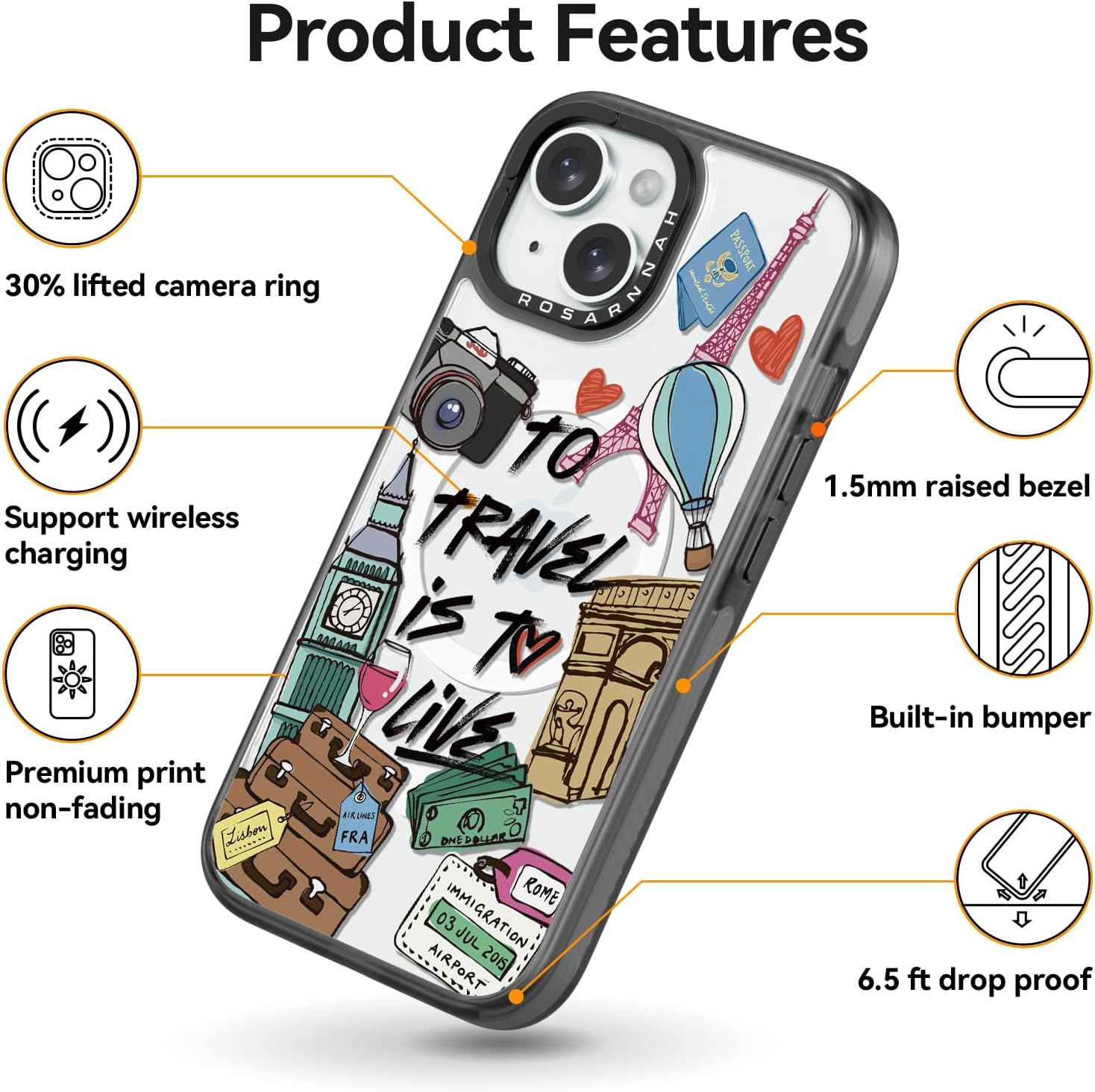 Magnetic for iPhone 15 Magsafe Case Cute Aesthetic - Durable Shockproof 6.6 ft Drop Impact Phone Case Cover with Funny Fashion to Travel is to Live 6.1" Black