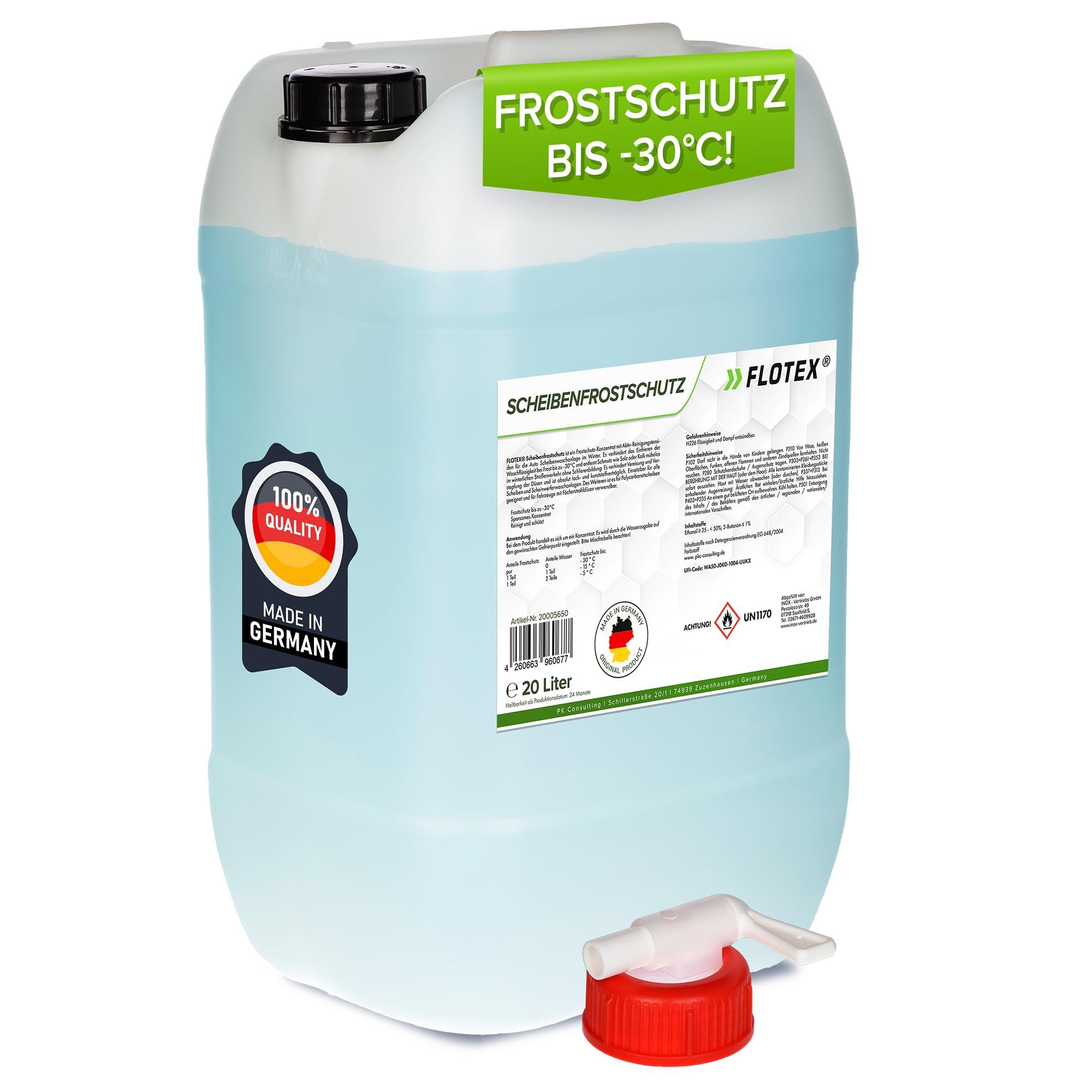 Scheibenfrostschutz Konzentrat 20L – Hocheffektiver Scheibenwasser Frostschutz bis -30°C – Absolut rein & schlierenfrei - Sofort mischbereit – Angenehmer Citrusduft geliefert in 4x5L