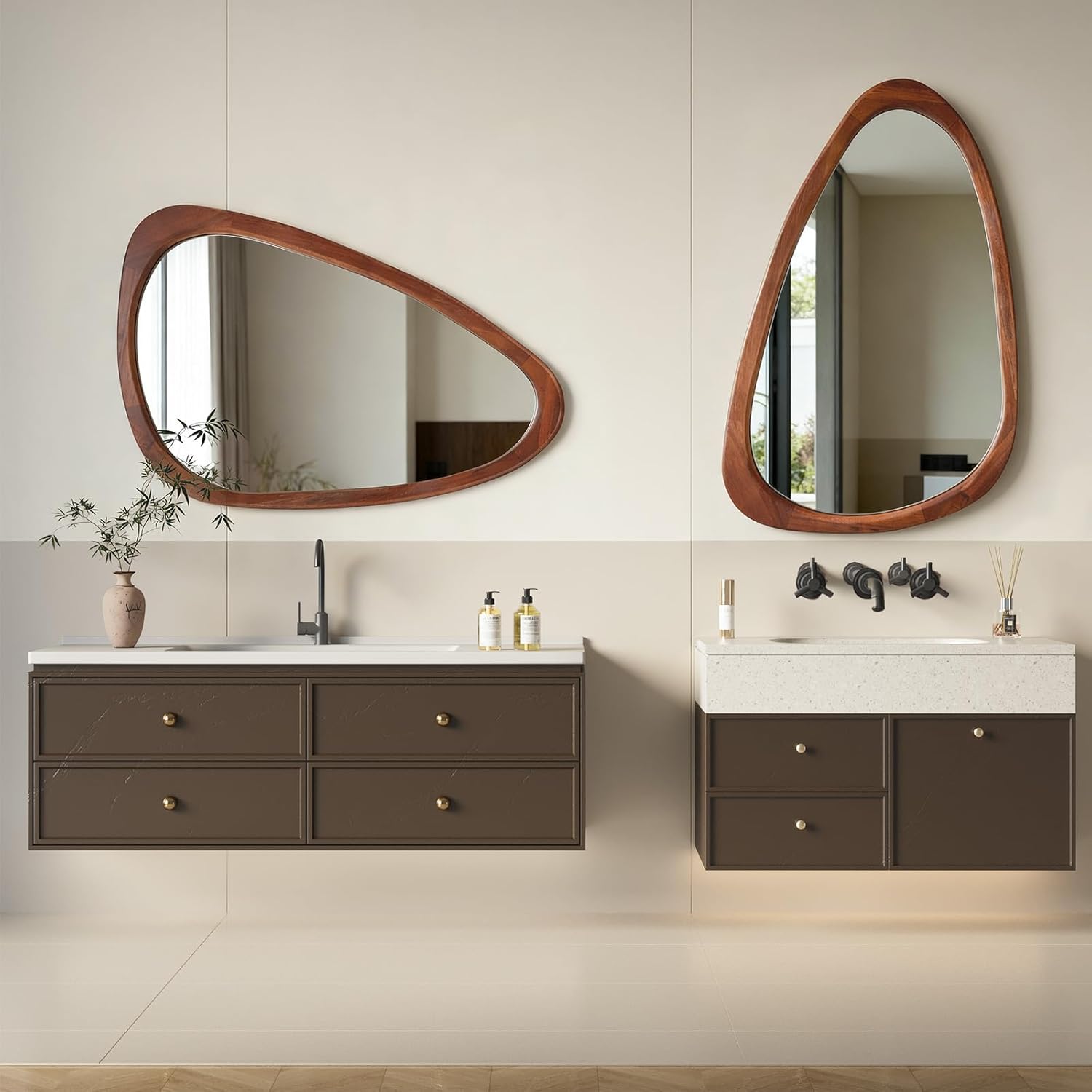 30"x20" Asymmetrical Wall Mirror with Solid Wood Frame – Full-Length Irregular Design, Anti-Burst Tempered Glass, Boho Chic & Mid Century Modern Style for Bedroom, Living Room, Entryway