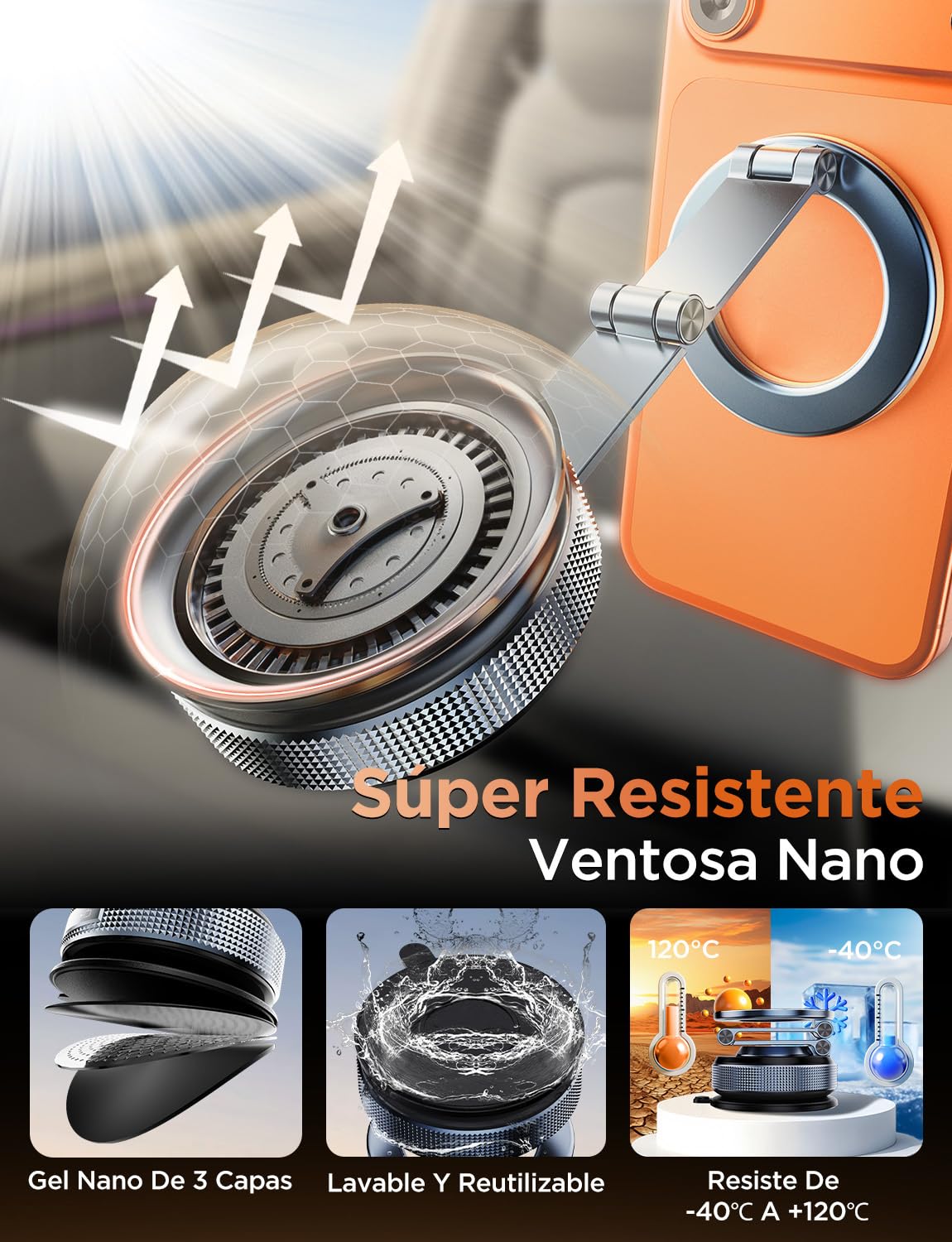 MSXTTLY Soporte Móvil Coche – Vmag S3 2026 Soporte Magnético al Vacío con Imanes Potentes y Brazo Doble de Aleación, Compatible con iPhone 17 Pro MAX, iPhone 16–12 y Android (con Anillo Magnético)