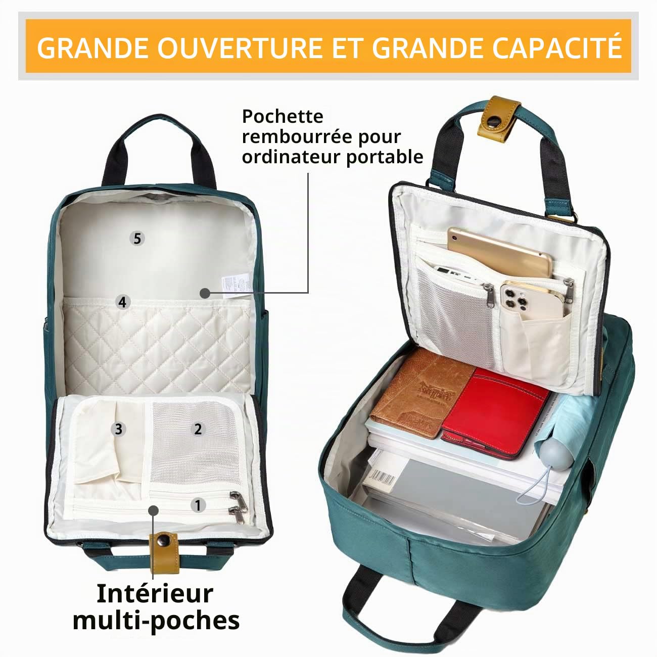 Sac à Dos Femme，VASCHY Sac a Dos Fille Sac à Dos Ordinateur Portable pour 15.6 Pouces Résistant à l'Eau Sac Scolaire Chic avec Deux Poches Bouteilles pour Voyage Collège,15.1L(Gardénia Bleu)