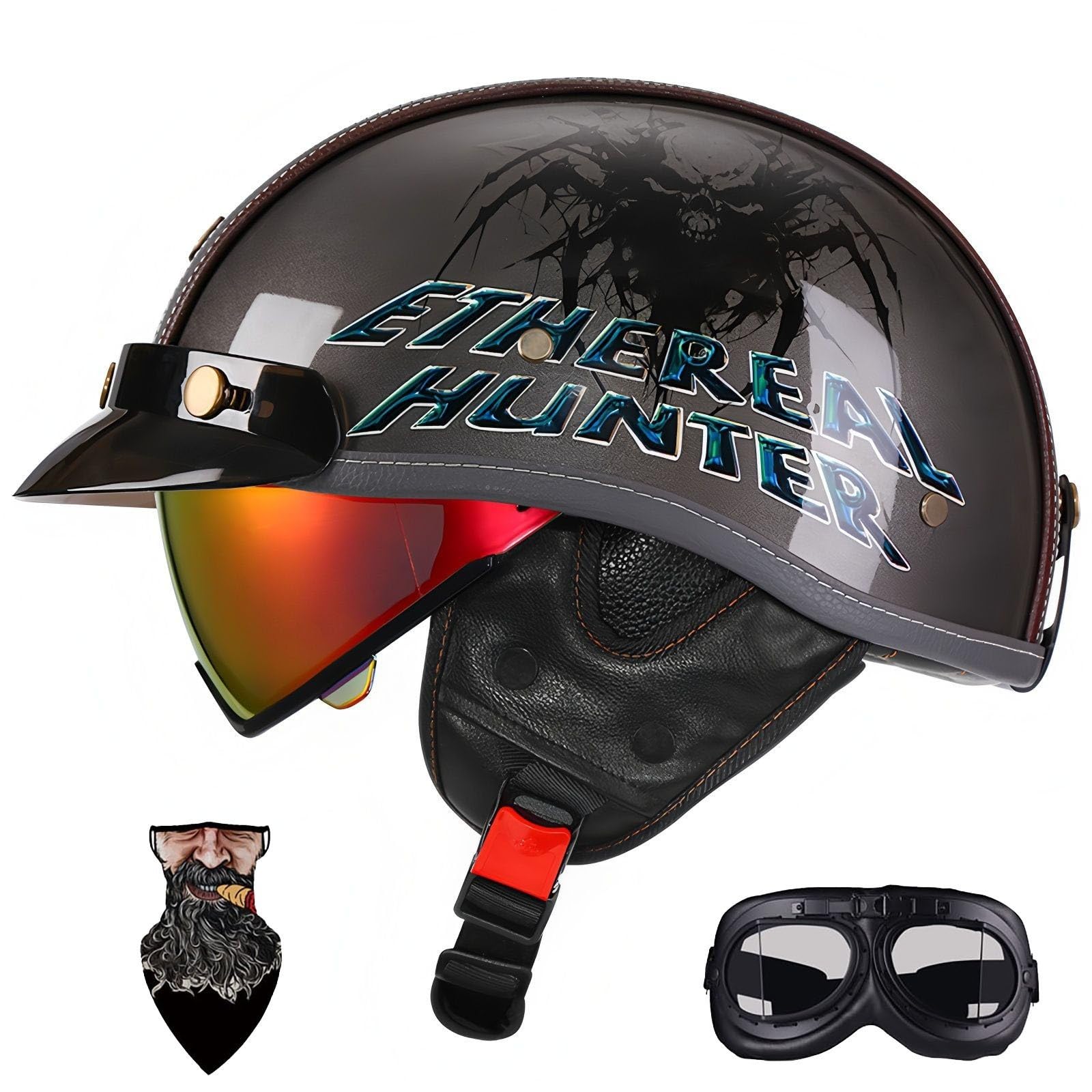 HALYING German Helmet ABS Half Open Face Motorcycle Helmet Adult Men Women Motorbike Helmets Drop Visor Quick Buckle EPS DOT Approved Half Shell Men Women Motor Bike Helmet Men (55-62cm)