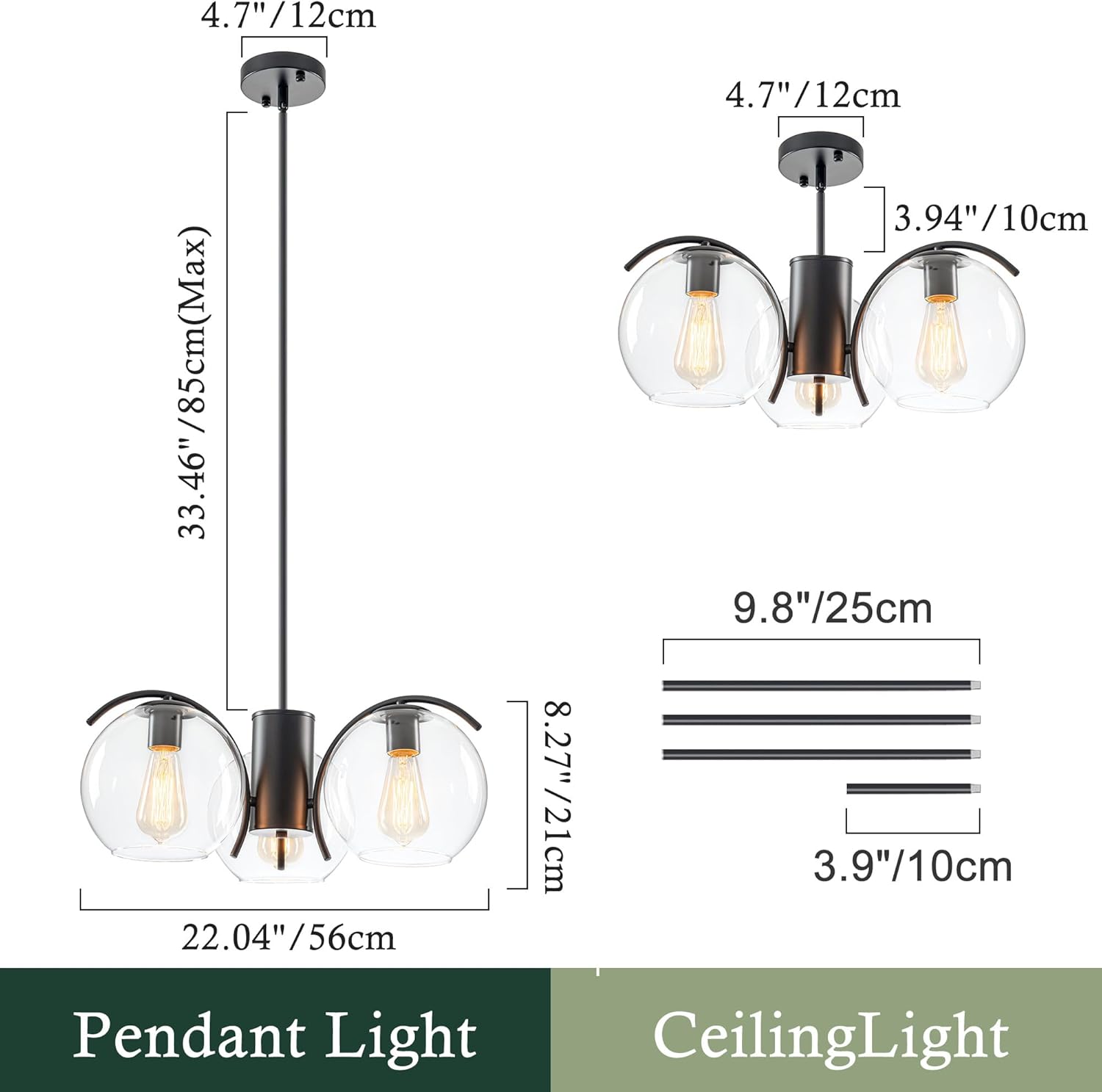 3-Light Black Chandelier with Downward Arched Arms, Modern Farmhouse Pendant Light Fixture with Clear Glass Globe Shades, Ceiling Lighting for Dining Room, Bedroom and Foyer