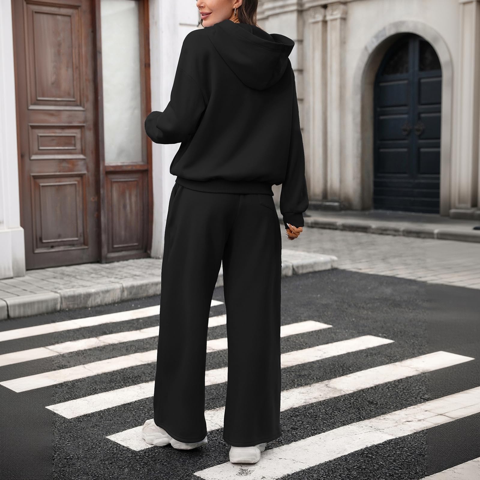 Jogginganzug Damen Langarm Kapuze Taschen Bündchen Hausanzug Weite Hose Elastischer Bund Kordelzug Trainingsanzug Zweiteiler Set Trainingsanzug Damen Locker Bequem Weich Bündchen Langarm