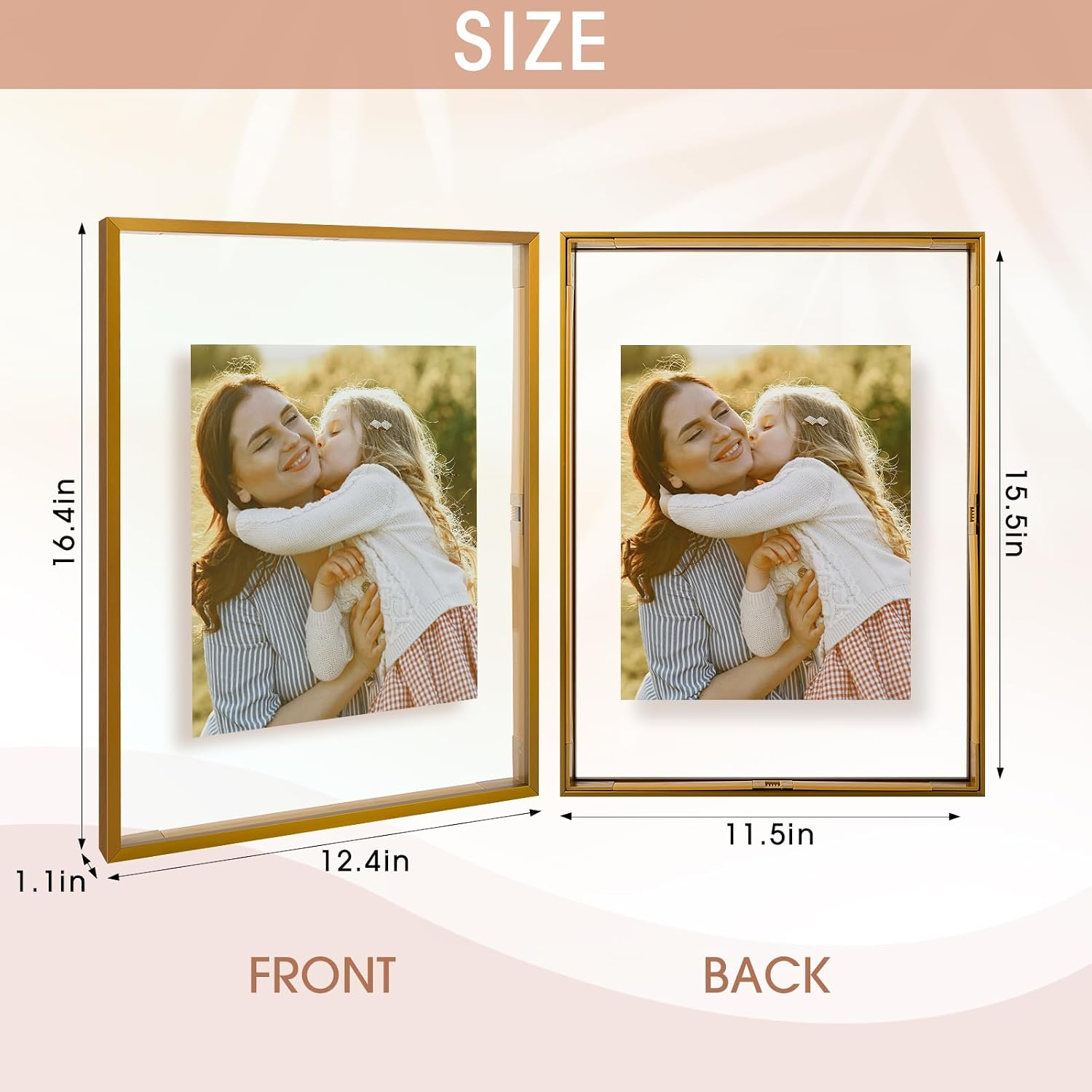 Golden State Art, 12x16 Floating Frame, Bronze Aluminum Picture Frame, Clear Glass Display Any Size Photo up to 12 x 16, Home Gallery Wall Decoration, Display Horizontal and Vertical