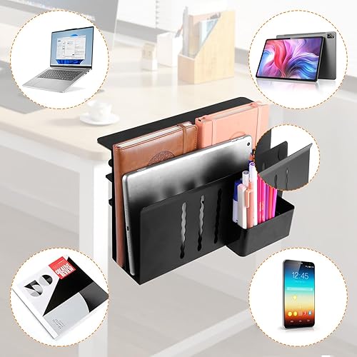 Miniatura 4 de Almacenamiento lateral de escritorio, organizador colgante de acero de 2 niveles, organizador de escritorio lateral sin taladros, soporte para