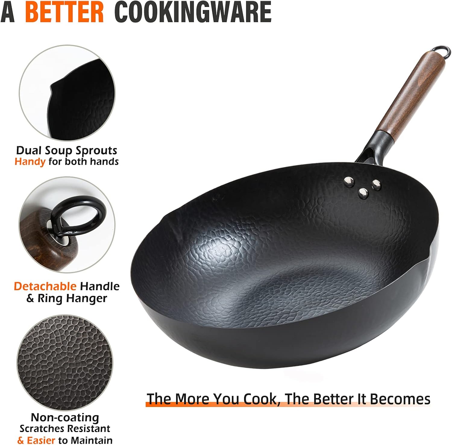 BrBrGo Wok Pan, 13" Carbon Steel Wok with Wooden Handle, Flat Bottom Chinese Stir Fry Wok, 10 Pieces Set with Cooking Utensils, Frying Pan for All Stoves: Home & Kitchen