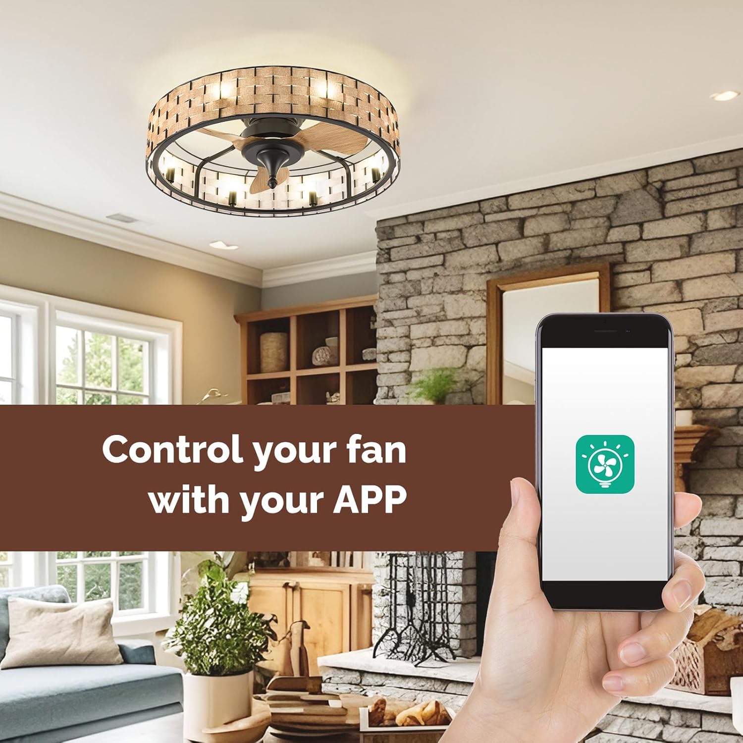 Orison 24" Caged Ceiling Fan with Lights, 2 Ways Control(App&Remote Control), Light Kit Included(8 Bulbs), Modern Farmhouse (Flush Mount)