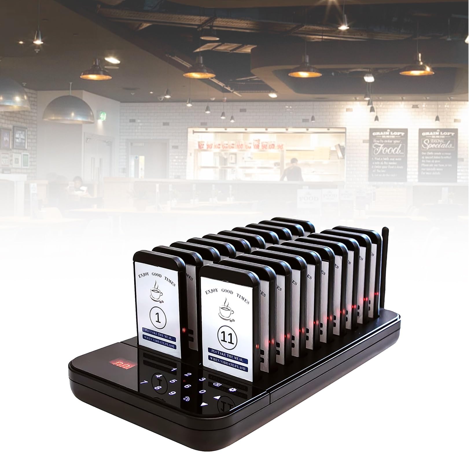 IINCOOY Wireless Restaurant Pager Calling System 20 Coasters Buzzer Vibrator Bell Receiver for Food Truck Bar Coffee Fast Food Bar Cafe