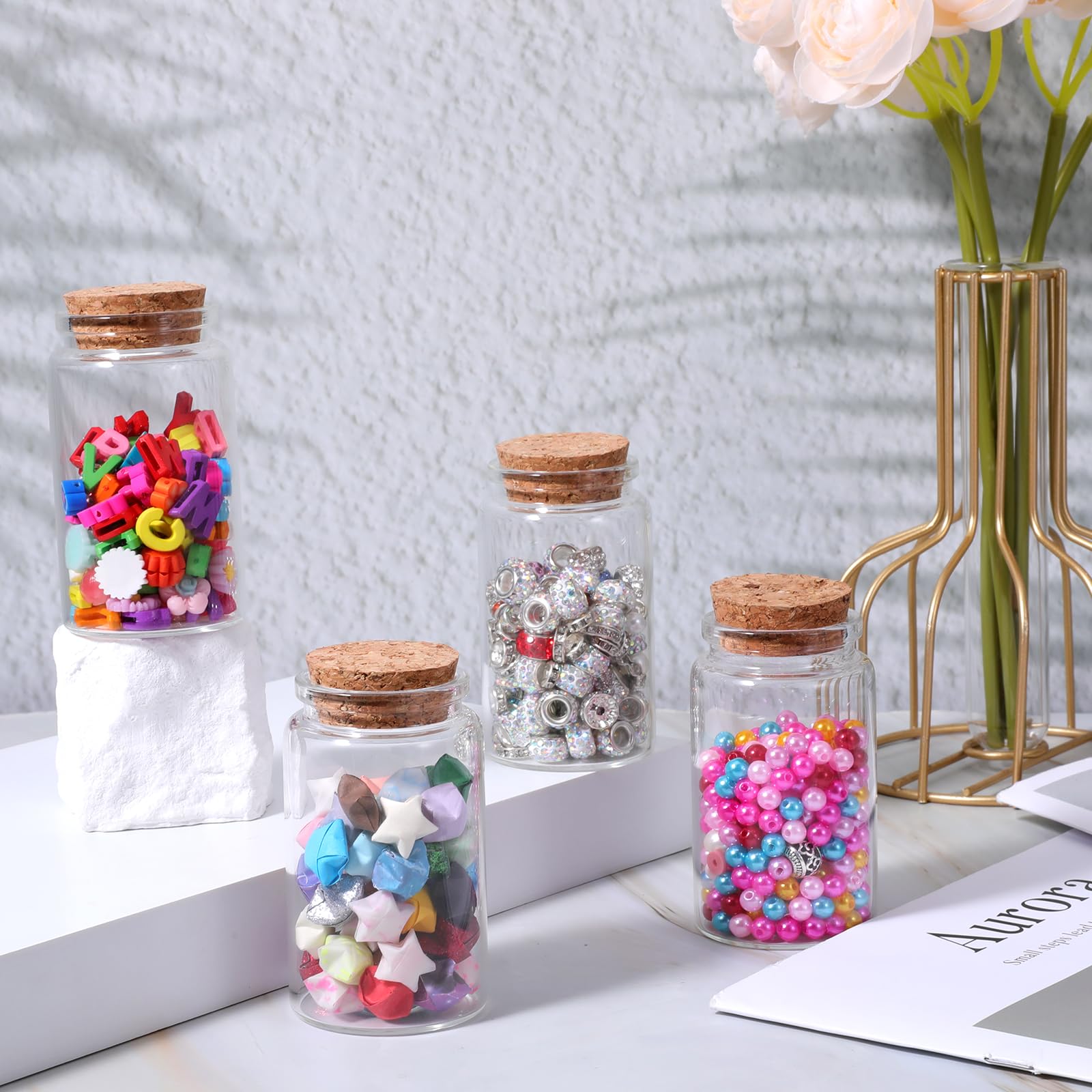 ElevateTech Mini glazen flessen met kurkstops, 2 stuks hartvormige decoratieve potten, stervormige kleine decoratieve glazen flessen met kurkdeksel