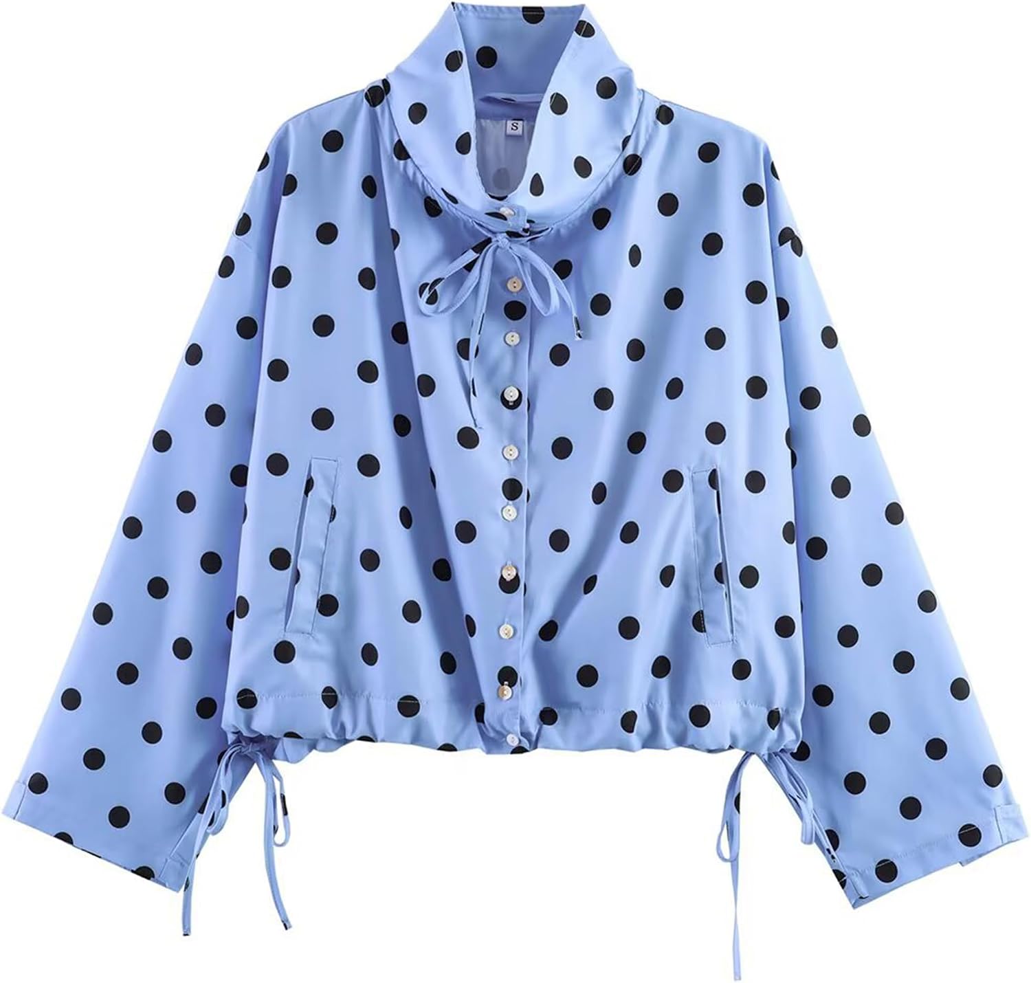 Womens Polka Dot Cropped Jacket Stand Collar Button Down Lightweight Oversized Casual Fashion Jacket with Pockets