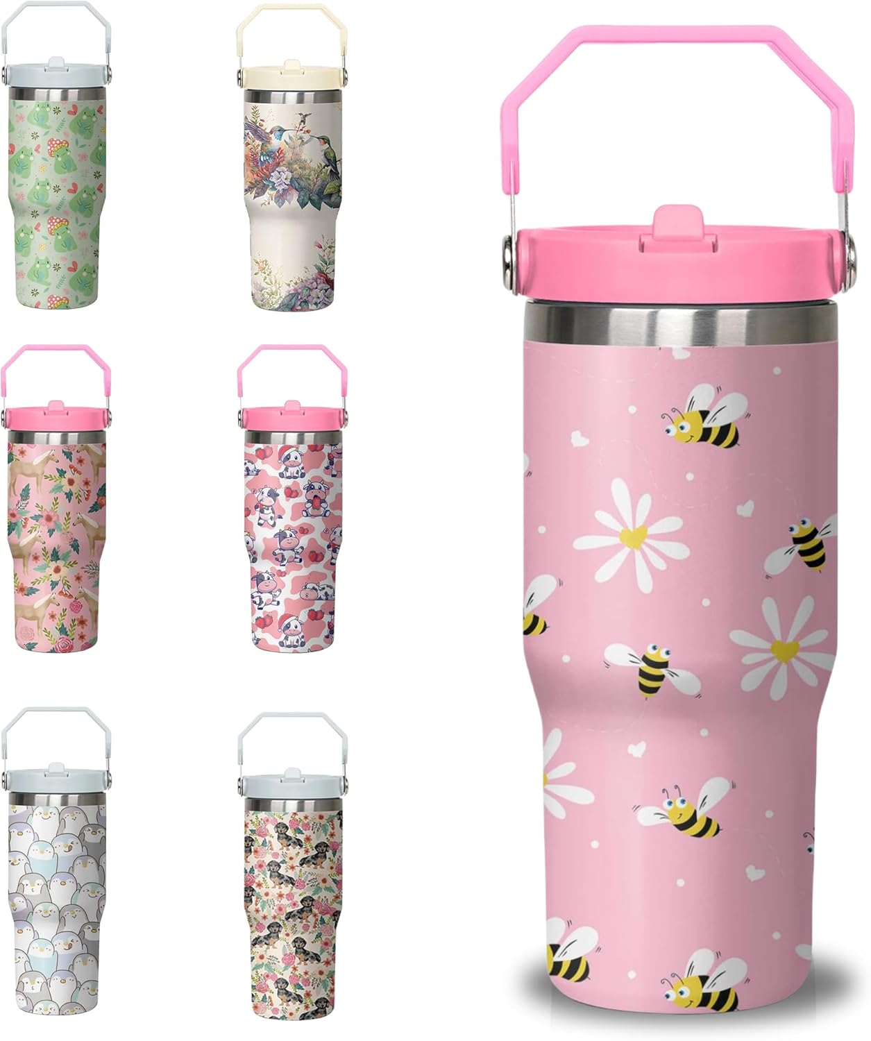 Bee Tumbler with Handle and Flip Straw for Women Men, 30oz Daisy Stainless Steel Insulated Cup, Water Bottle Travel Coffee Mug,Gifts for Animal Lovers
